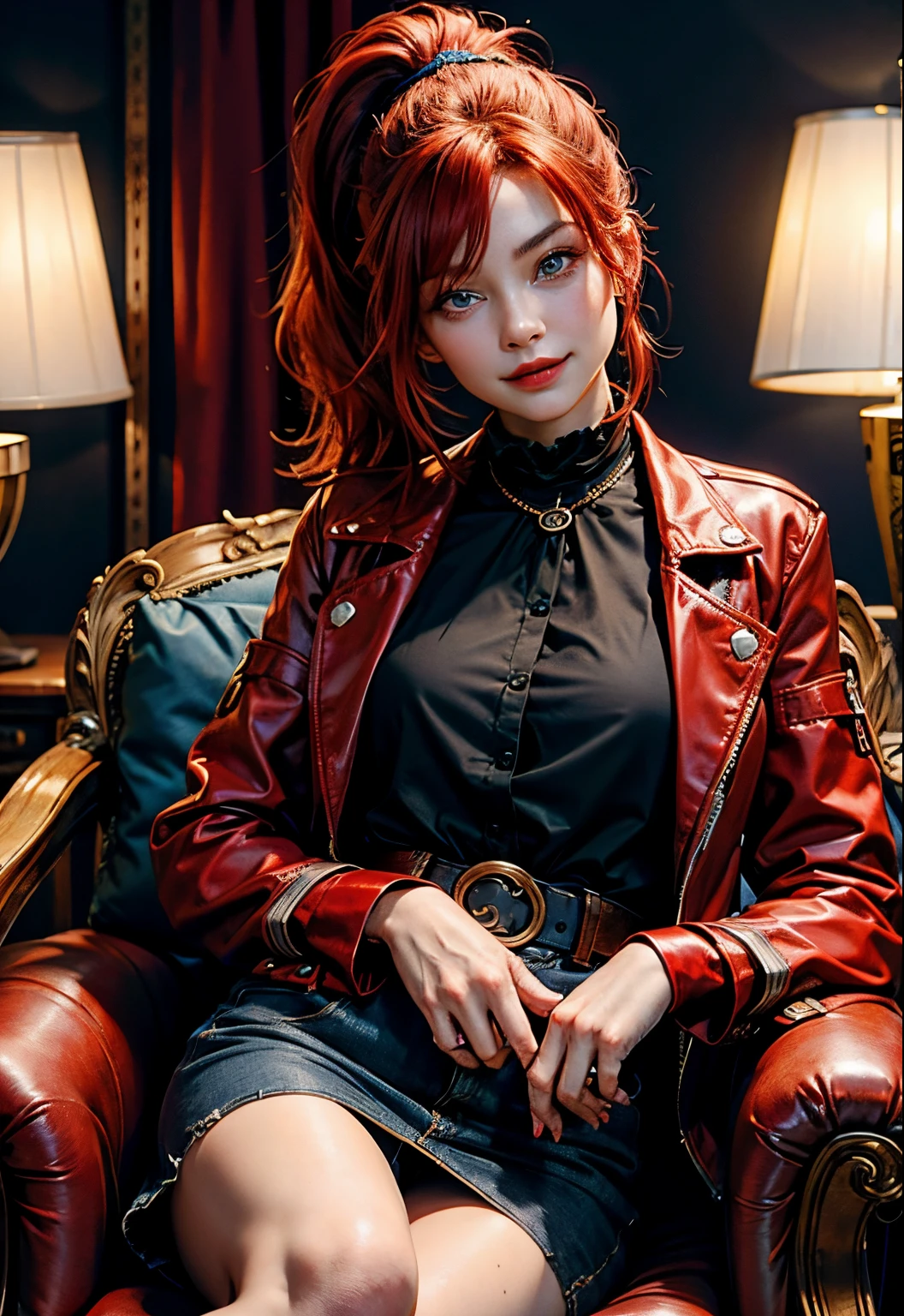 Beautiful woman with blue eyes, red hair, ponytail, black blouse and red jacket, sitting in an armchair, beautiful woman, American Girl, Smile, 19 years