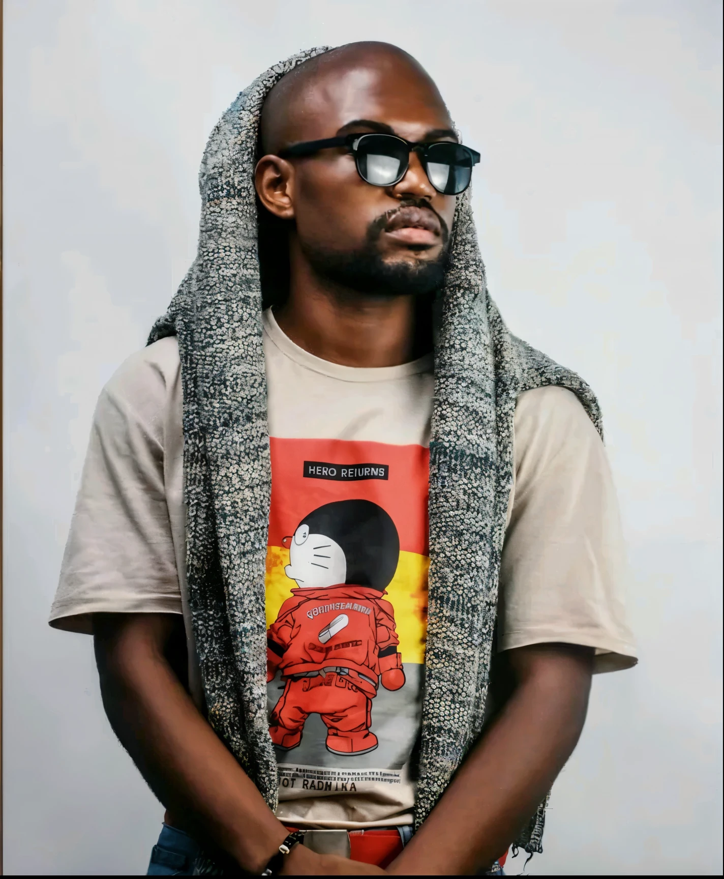 trimmed man wearing scarf and glasses with t-shirt, Torta Sussy, demobaza, em estilo de davey adesida, Kanye, Yeezus, Kanye Oeste, Kanye West como um Jedi, retrato africano Jesse Pinkman, arte oficial, Retrato de Kanye West, inspirado em Ras Akyem, Kanye Oeste Torso, Tiro de RP
