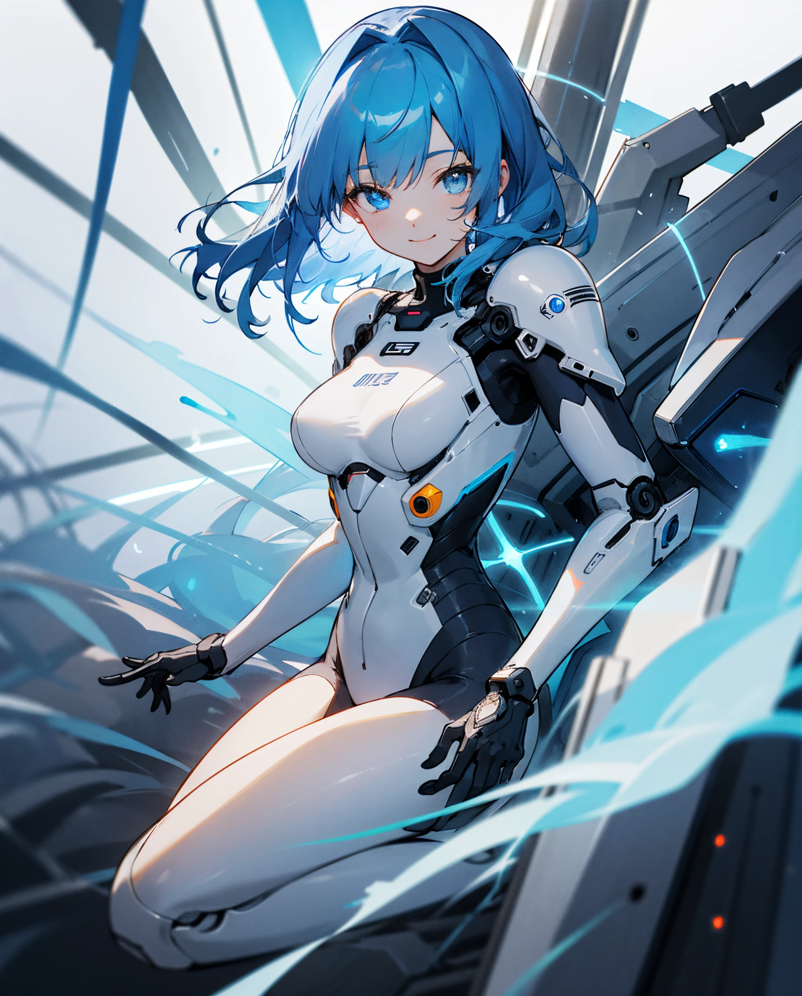 1girl, wide hips, large breasts, wide hips, blue hair, short hair, very short hair, blue eyes, bodysuit, black bodysuit, futuristic, machinery, science-fiction, tech, shoes, sneakers, neon trim, blue neon trim