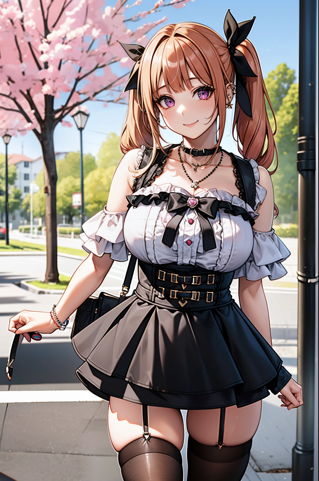 masterpiece, best quality, highres, hs1, light pink eyes, wide hips, thick thighs, upskirt, sleeveless, cleavage, blonde hair, twin tails, blunt bangs, (streaky hair), pink shirt, black thighhighs, micro skirt, plaid skirt, red ribbon, garter straps, huge breasts, outdoors, cowboy shot, squatting, panties, smile, looking at viewer, thick thighs, jirai kei, street view, sakura, necklaces, ear piercings