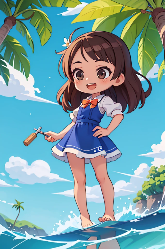 (Chibi:1.4),master part,best quality,Dramatic, 1girl, sozinho, cabelos longos, brown hair, mangas destacadas, boca aberta, sorrir, ao ar livre, water, heaven, dia, hand on hip, ornamento de cabelo, Apontando, Cloud, oceano, vestir, corar, vestido azul, Vadear, blue skies, arco, Standing, :d, Frescuras, Praia, franja, barefoot, Flor do cabelo, saia, ^_^, Visualizador voltado, bowtie, dente,