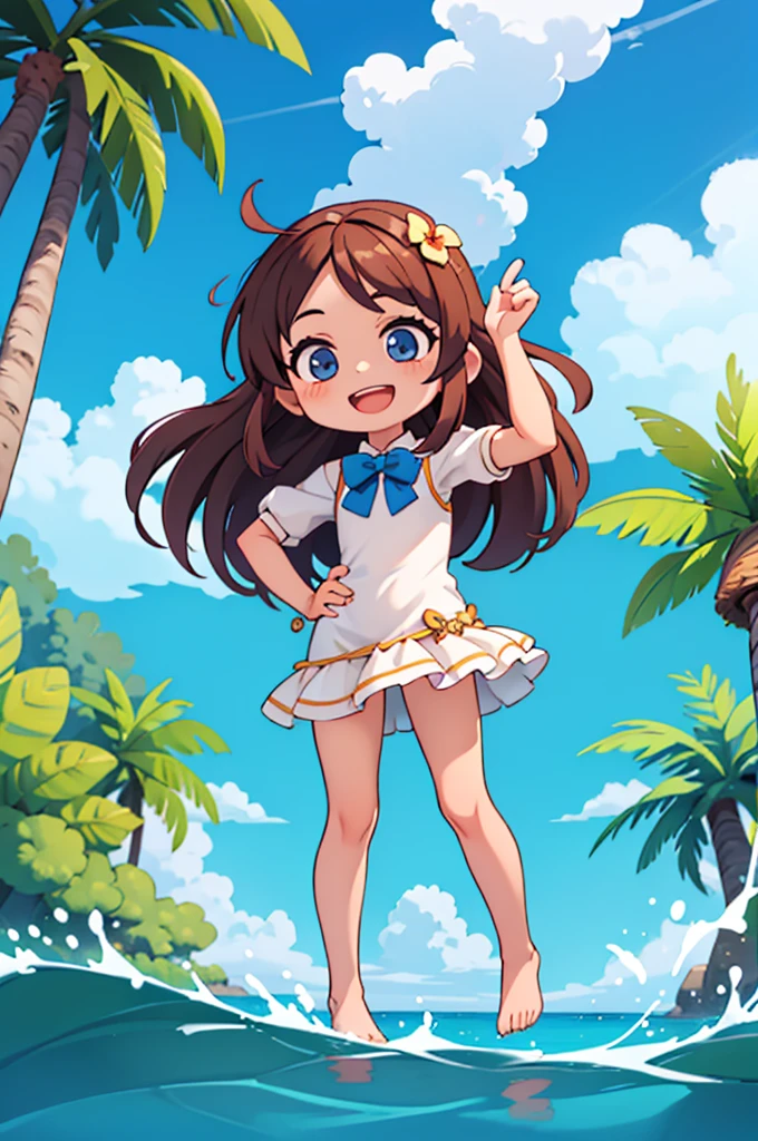 (Chibi:1.4),master part,best quality,Dramatic, 1girl, sozinho,  cabelos longos, brown hair, mangas destacadas, boca aberta, sorrir, ao ar livre, water, heaven, dia, hand on hip, ornamento de cabelo, Apontando, Cloud, oceano, vestir,  corar, vestido azul, Vadear,  blue skies, arco, Standing, :d, Frescuras, Praia, franja, barefoot, Flor do cabelo, saia, ^_^, Visualizador voltado,  bowtie, dente,