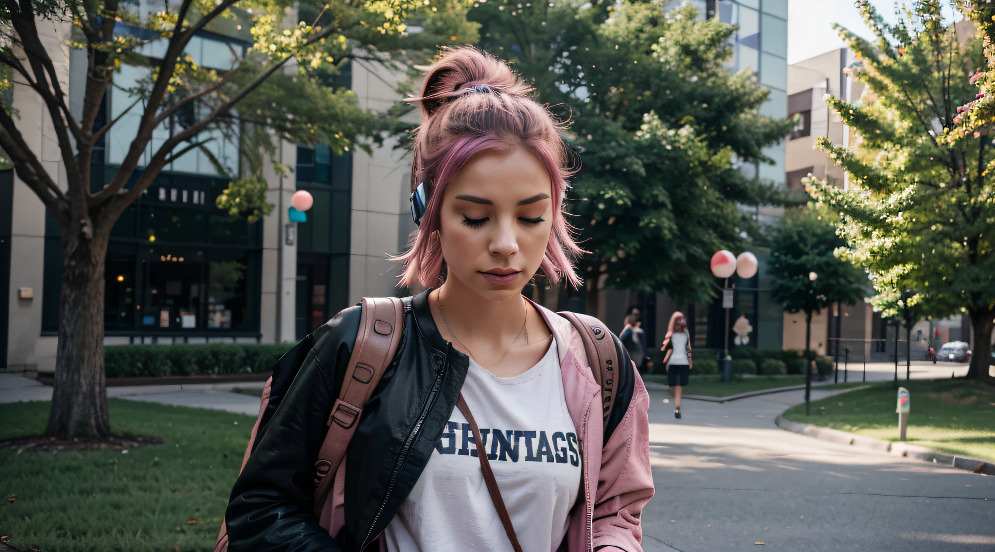 pink hair, half-closed eyes, crazy, Hyperrealism, cinematic lighting, 135mm, Sony FE, Canon, Nikon, Fujifilm, f/2.8, f/4.0, 8k, retina, high quality, high details, super detail, best quality, HD, 16k Create a prompt to generate images of a college student with an alternative style, wearing trendy and cool clothes, vibrant and colorful hair, with bold makeup and subtle piercings. The lighting should be cinematic, creating shadows and highlights that accentuate facial features and clothing details. The student should be inside a bustling university campus, surrounded by books and backpacks, indicating a study environment. Additionally, she should be wearing headphones, immersed in her music while walking through the campus. Please make the images as realistic and dynamic as possible, capturing the essence and energy of modern university life