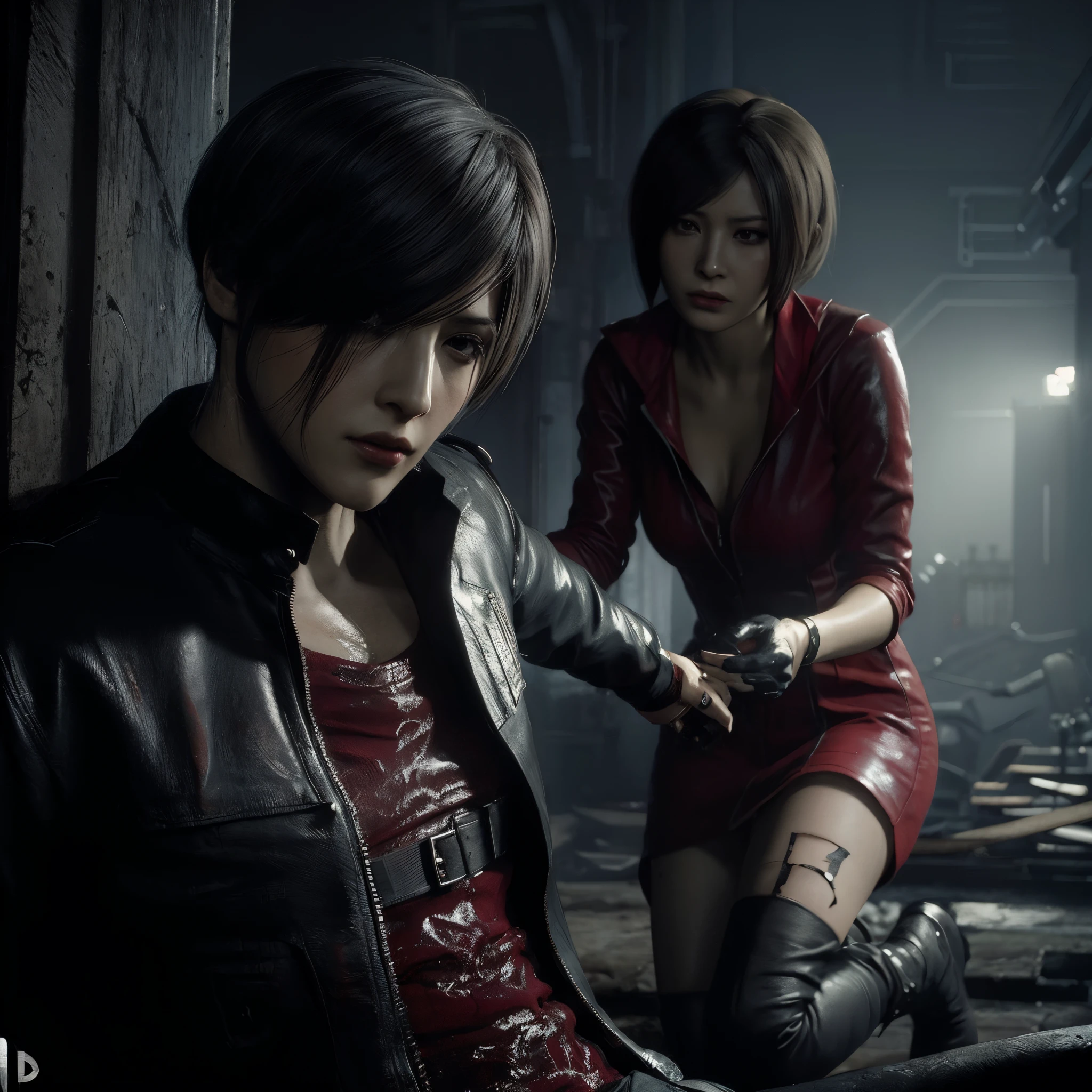 Woman, Ada wong, sad expression, wearing mini reddress, black nails polish, cry