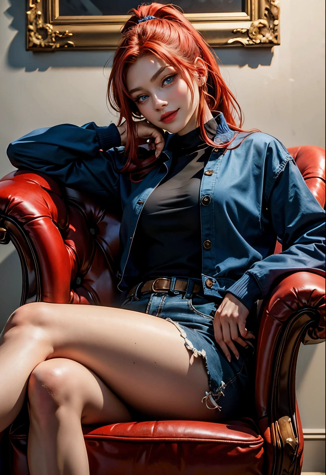 redhead, blue eyes, red shorts, red t-shirt, handsome, ponytail, 21 years old, so handsome, legs crossed, sitting on armchair, girl, smilez jacket, beauty
