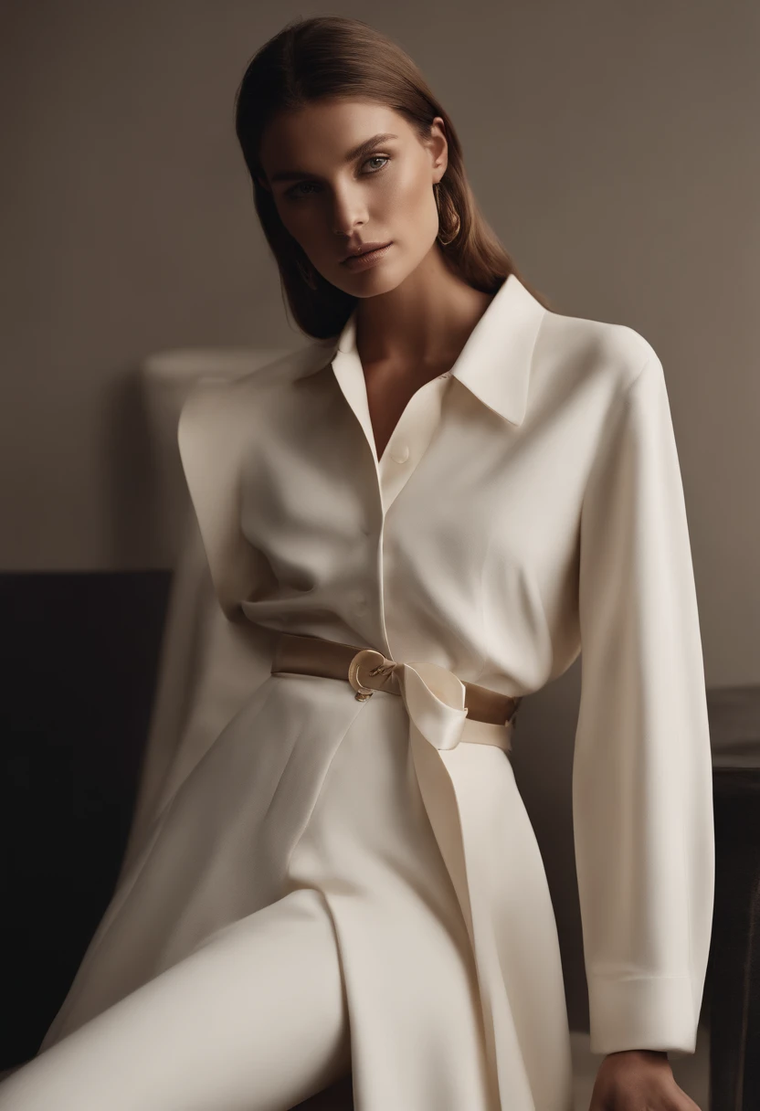 Ligne Pure pursues sophisticated yet natural minimalist designs for women's clothing brand. Image is white, beige, black apparel artfully arranged in clean layout with high fashion vogue magazine aesthetic. Dramatic lighting brings out refined details in high resolution photograph --ar 9:16 --v 5.2