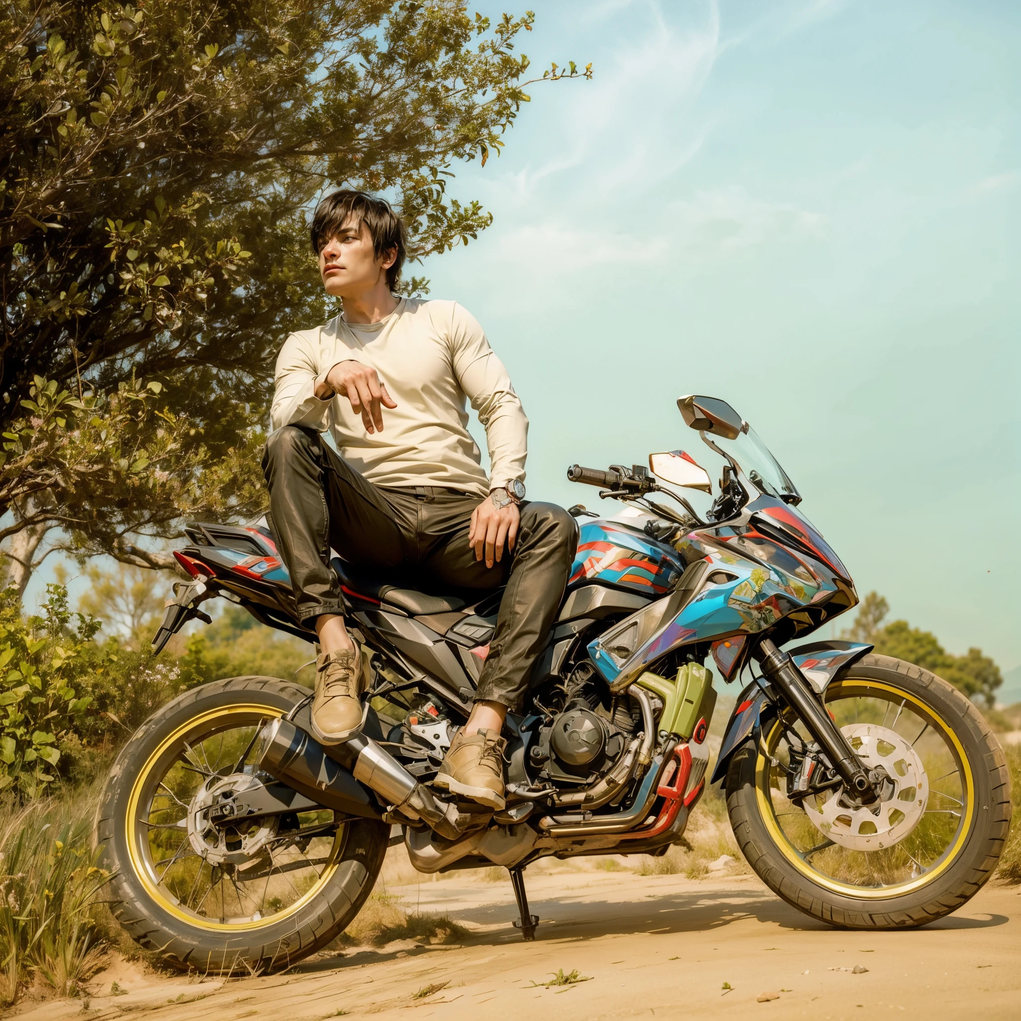 Man sitting on bike on road futuristic cyberpunk realisticface 4k high-definition