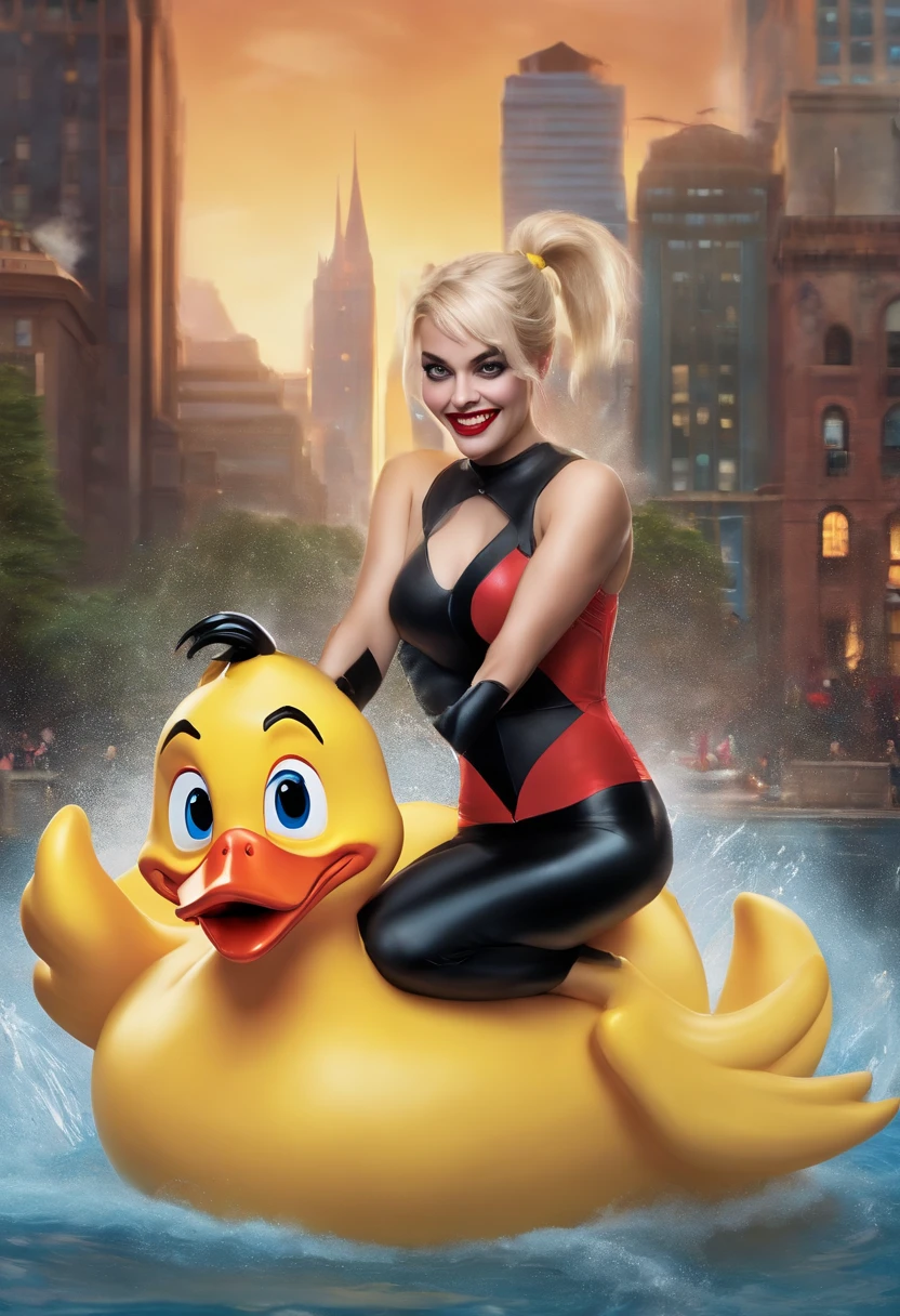 The image is of Harley Quinn, (riding a giant rubber duck), in the middle of a Gotham City fountain, photo realistic,Batman: The Animated Series,[Appearance= "Blonde Hair in Pigtails", "Tight Tank Top and Spandex Shorts", "Pale Complexion", "Vibrant Blue Eyes"]