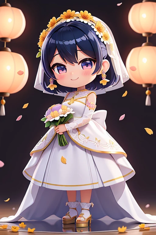 fotoRealstic、Nendroids in wedding dress standing in front of painting、Sorrindo de boca aberta, mas envergonhado、aquarela Nendoroid、(High Definition Figure)、Seda iridescente fluindo、para cima do rosto、De olho、Colorcon with heart pattern、vestido floral、There are also flowers in front of the Nendroids、flower petals、season!!: 夏天☀ 🍂