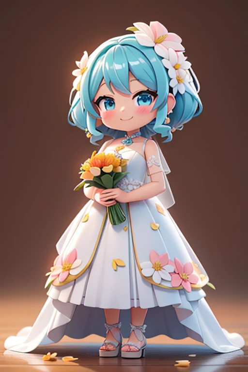 fotoRealstic、Nendroids in wedding dress standing in front of painting、Sorrindo de boca aberta, mas envergonhado、aquarela Nendoroid、(High Definition Figure)、Seda iridescente fluindo、para cima do rosto、De olho、Colorcon with heart pattern、vestido floral、There are also flowers in front of the Nendroids、flower petals、season!!: 夏天☀ 🍂