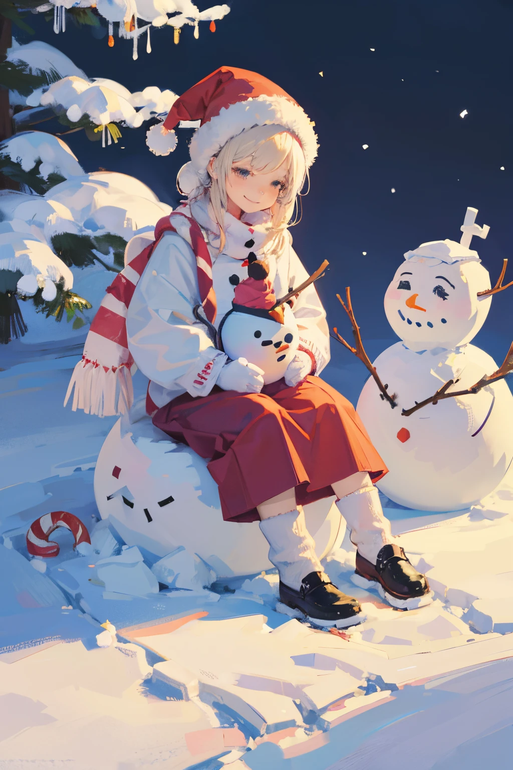 snowman sitting alone in a frozen valley, candy canes in the distance, smiling snowman