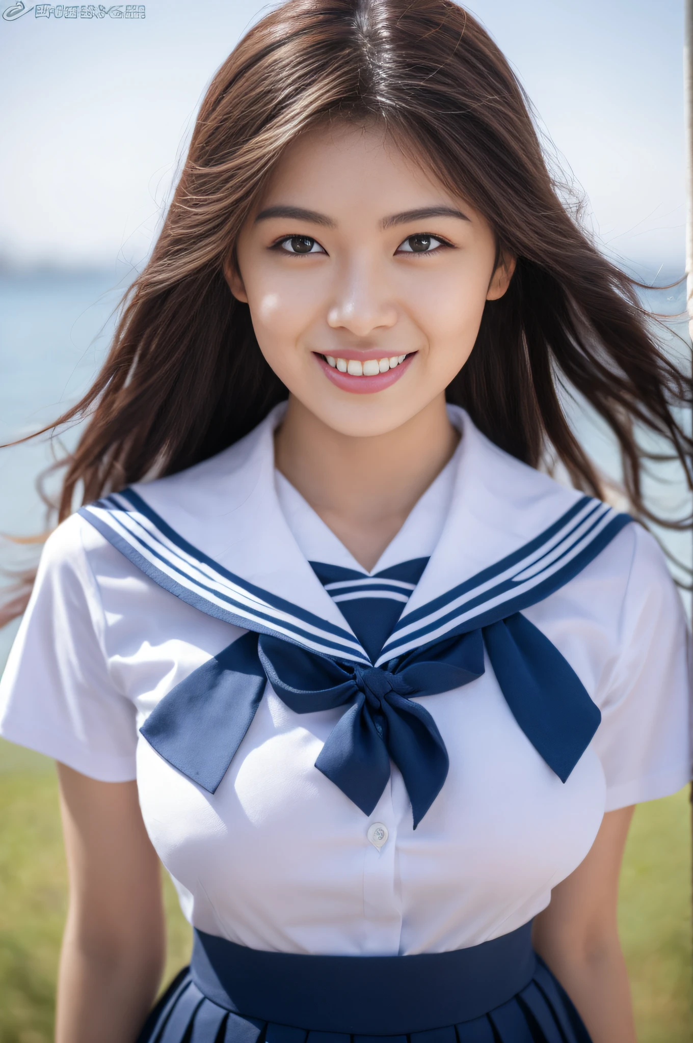 8K raw photo, Best quality, masterpiece, ultra high res, 3d, realistic, 1girl, asian, black_hair, black_sailor_collar, long_hair, nose, school_uniform, serafuku, natural skin texture, light brown_eye, detailed eyes and face, lips, lipstick, smile, beautiful legs, enormous breasts, beautiful seaside location, (detailed background), plaid skirt, white shirt, enormous breast, blurry background, short sleeves