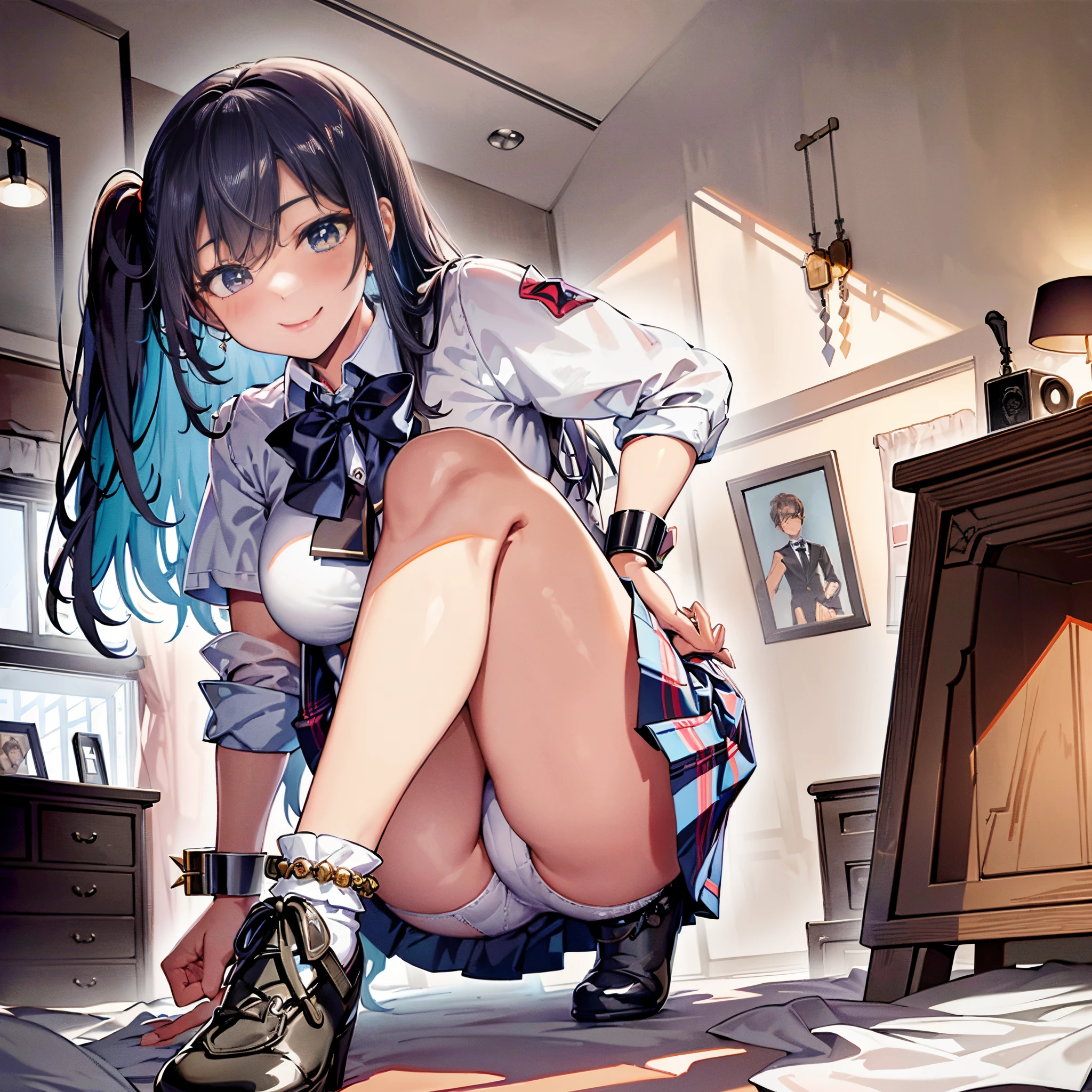 best qualityer,masterpiece,Ultimate resolution,downy,Extremely colorful,daytime, ((High school boy's own room, pc, desk)), mature pretty woman,(JK school uniform),neck bowtie,Plaid skirts,(Beauty severed head),Normal posture,Redlip,(Kneeling pose)(point you by ass),shackle,behead,Collar,handcuff,Anklets,(white stockings),(smile, blush, ,constricted pupils) ,Normal posture, giantess