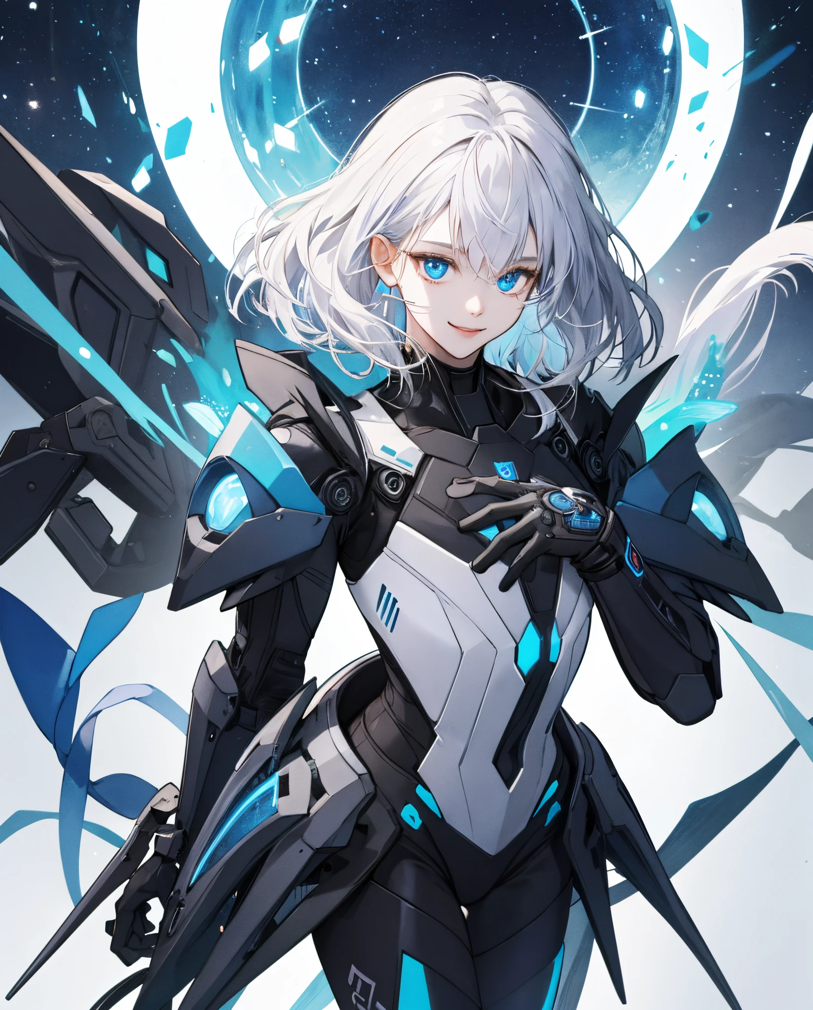 top-quality、Top image quality、​masterpiece、超A high resolution、Android Beautiful Girl、sixteen years old, Cybersuit glowing black, Blue energy source for the chest、white shiny hair、Fluffy hair,Blue eyes、A slender、The face is depicted in detail、Eyes are drawn in detail、Clothes are depicted in detail、The background is detailed、hiquality、Beautiful Art、Fantastic Universe、Elaborate design、soio、is standing、sorcerer、Invincible smile、animesque、illustratio、Full body front