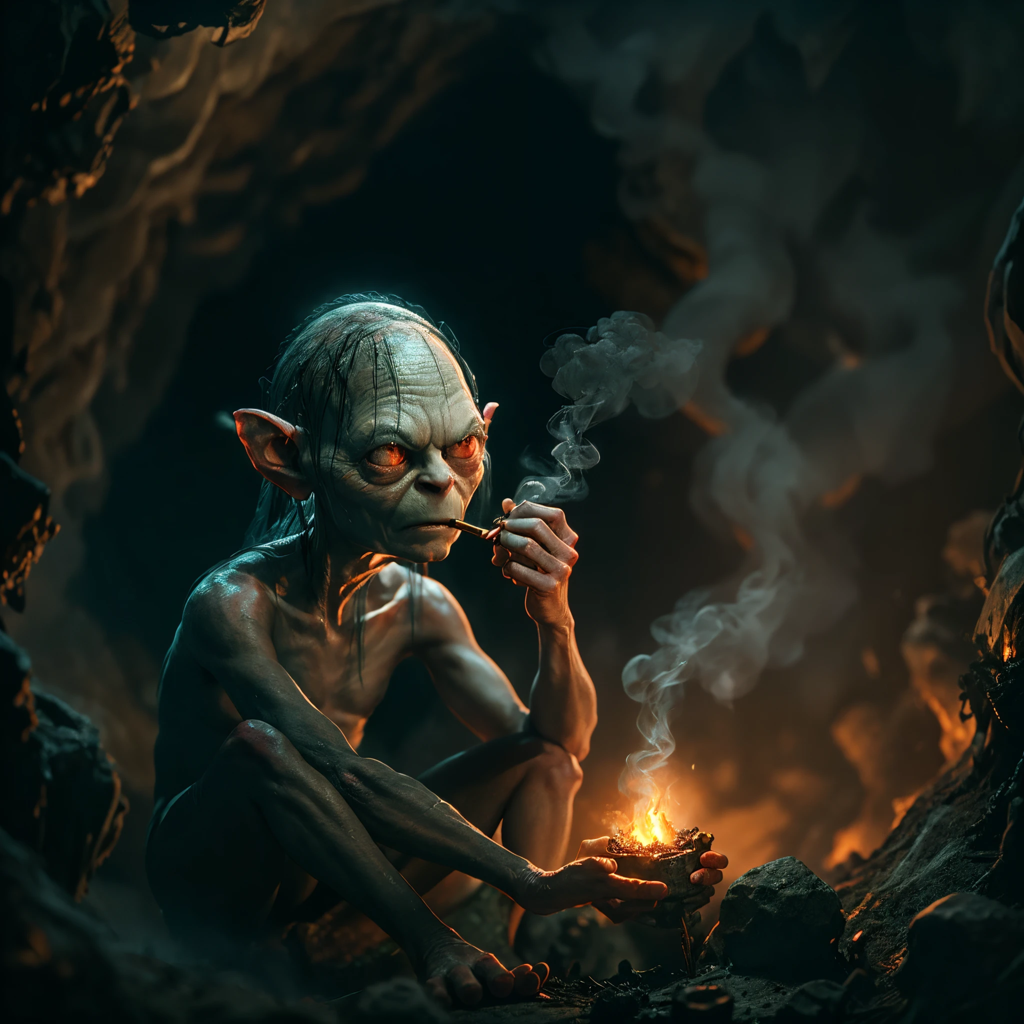 Gollum, from The Lord of the Rings, sitting in a dark cave, smoking a pipe, illuminated by the embers, ethereal smoke curls, fantasy, hyper-detailed, digital painting, cinematic lighting 4k resolution, atmospheric