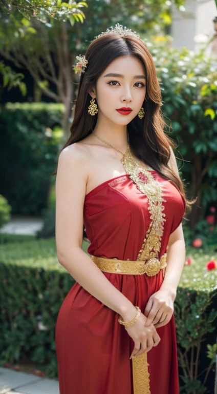 Detailed faces, Clear Face, beautiful girl, Asian makeup, Red lips, brunette hair, very long hair, Extra long hair, diadem, Medium body, Big breasts, super large breasts, Thai angel costume, antique, sexy medium dress, Red dress, HD, fuul body, Evening Light, Flower Garden Background.