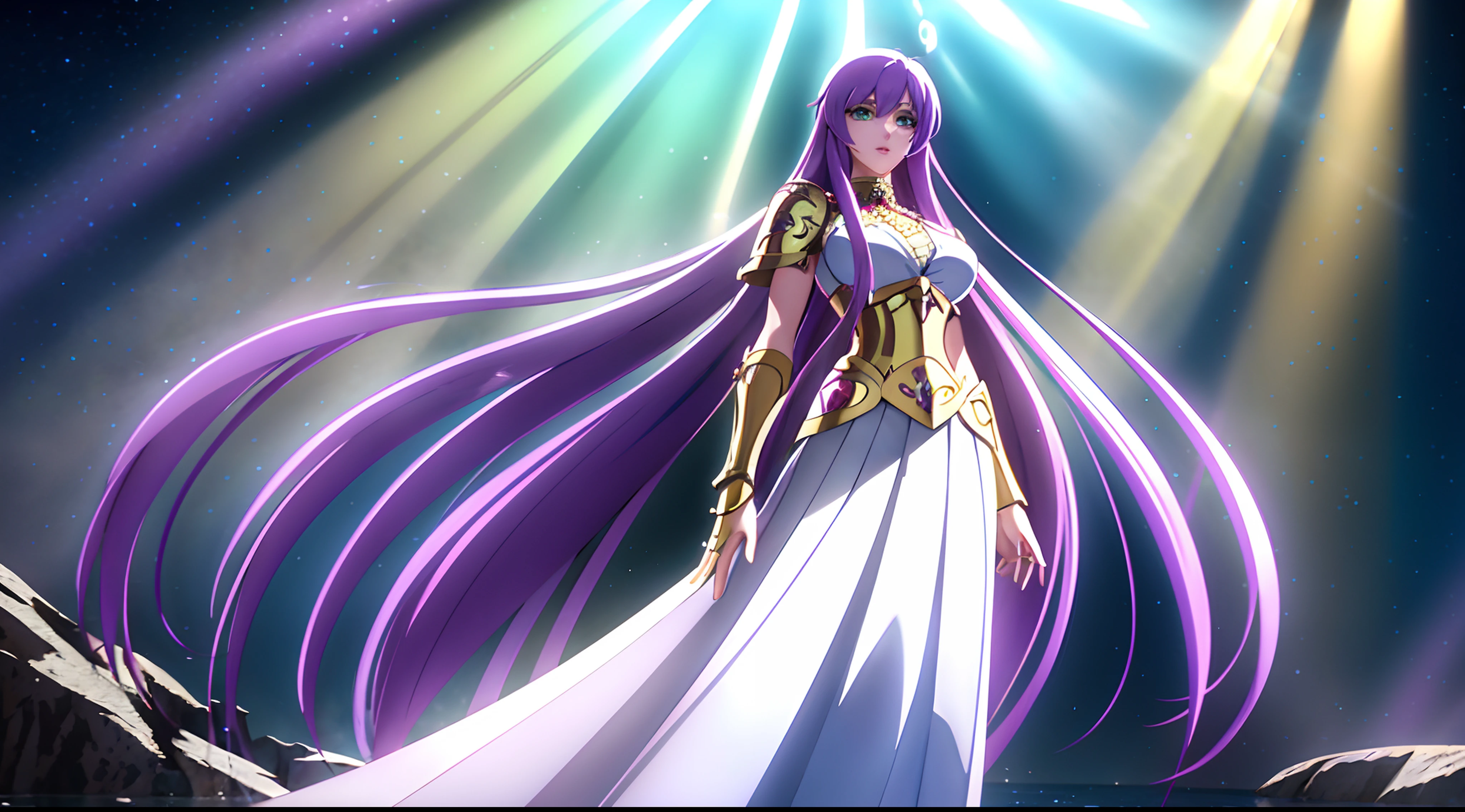 Athena with plain long light purple hair,hair between eyes,green eyes,rosy cheeks,full lips,thin eyebrows,slender body,golden armor and long skirt,praying beads on neck,cute anime girl,full body,vibrant lake in background,anime style,Lumen Reflections,Screen Space Reflections,Diffraction Grading,Chromatic Aberration,GB Displacement,Scan Lines,Ray Traced,Anti-Aliasing,FXAA,TXAA,RTX,SSAO,Shaders,OpenGL-Shaders, GLSL-Shaders,Post Processing,Post-Production,cell Shading,Tone Mapping,CGI,VFX,SFX,insanely detailed and intricate, 4K,standing, solo, masterpiece, best quality, detailed face, detailed eyes, highres, standing, solo,masterpiece, best quality