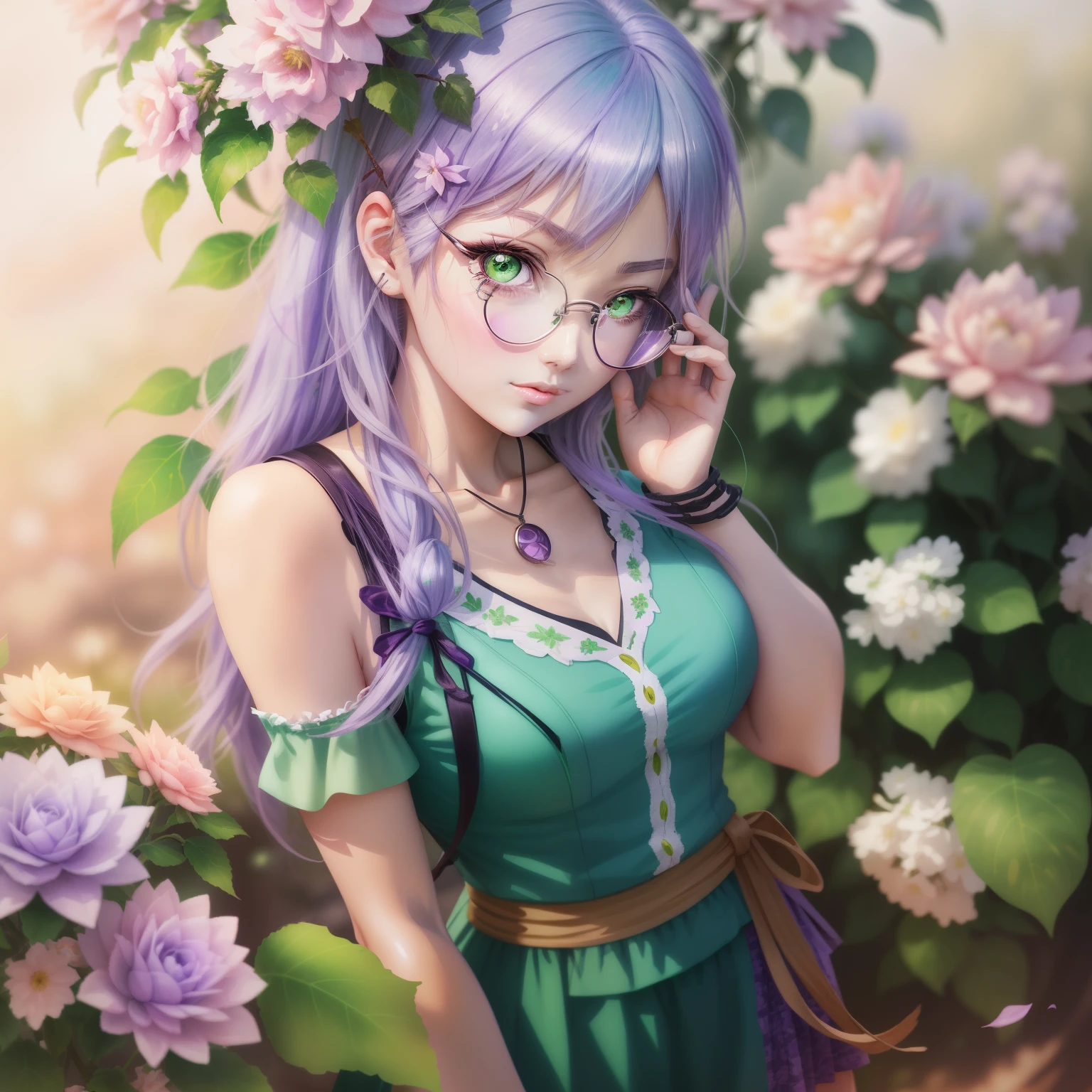 green eyed anime girl with light purple hair and flowers、eye glass、retro anime girl、anime style portrait、Lori、Anime Art Style、kawaii realistic portrait、pretty anime girl、classic girl、pretty anime girl、Anime-style illustrations、beautiful anime art style、Realistic anime art style、High quality anime art style、digital anime art!!,Anime Art Style、Anime Realism Style
