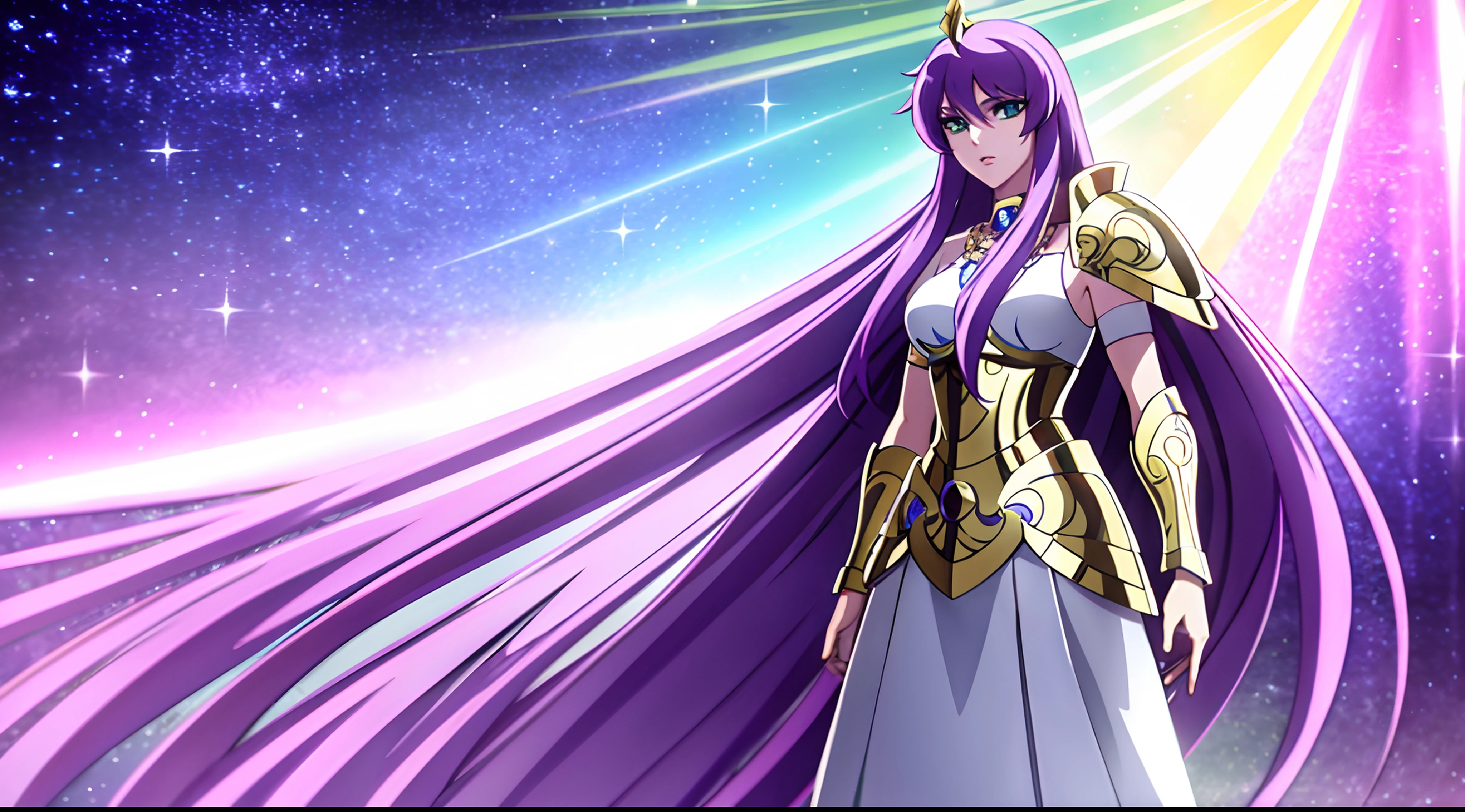 Athena with plain long light purple hair,hair between eyes,green eyes,rosy cheeks,full lips,thin eyebrows,slender body,golden armor and long skirt,praying beads on neck,cute anime girl,full body,vibrant lake in background,anime style,Lumen Reflections,Screen Space Reflections,Diffraction Grading,Chromatic Aberration,GB Displacement,Scan Lines,Ray Traced,Anti-Aliasing,FXAA,TXAA,RTX,SSAO,Shaders,OpenGL-Shaders, GLSL-Shaders,Post Processing,Post-Production,cell Shading,Tone Mapping,CGI,VFX,SFX,insanely detailed and intricate, 4K,standing, solo, masterpiece, best quality, detailed face, detailed eyes, highres, standing, solo,masterpiece, best quality