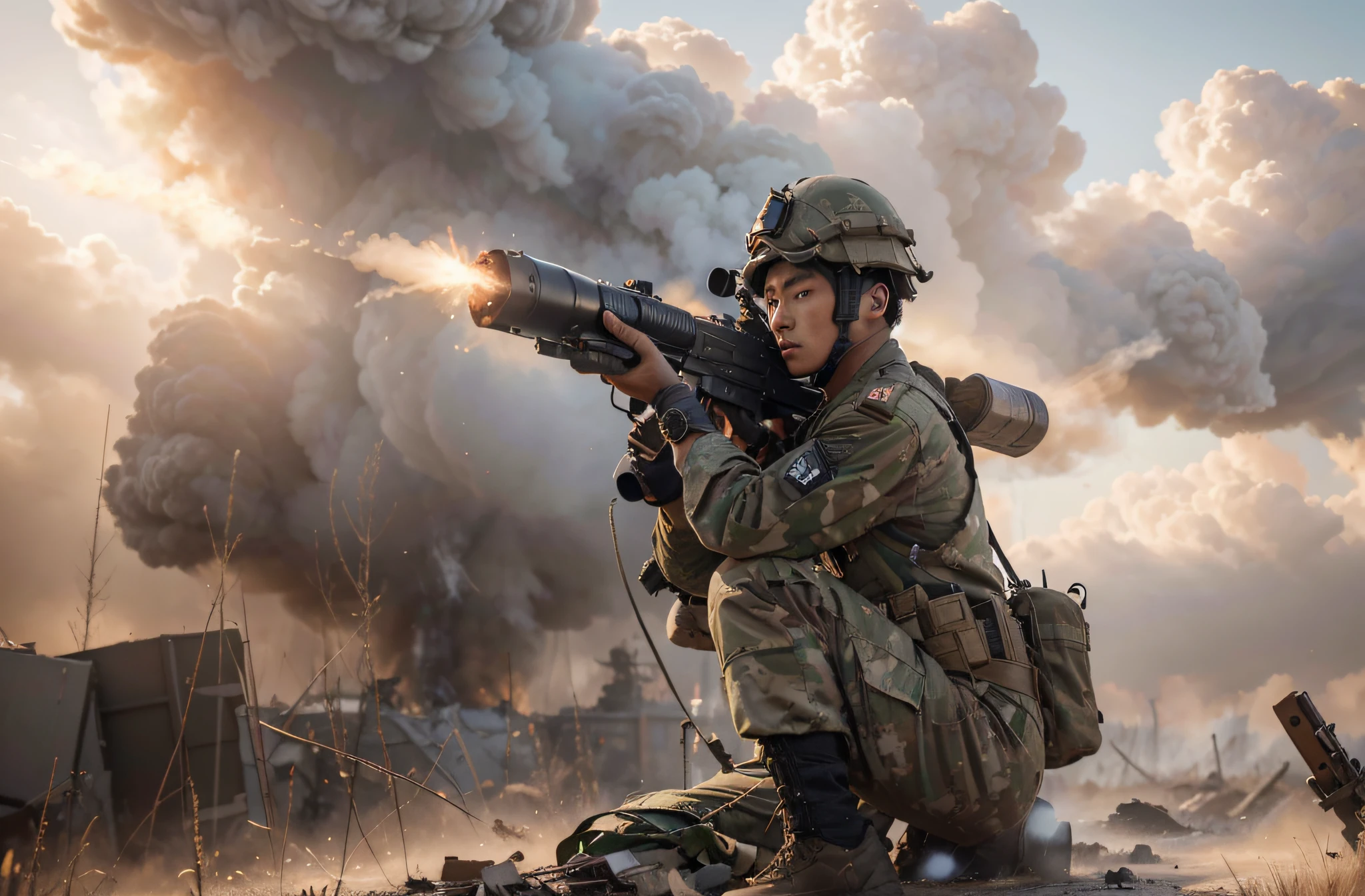 Male soldier, Chinese characteristics, is looking through the peephole, military uniform, light brown, gloved hands, carries a rocket launcher, rocket launcher is firing, smoke comes out from the back, he is in a totally destroyed modern city, fire smoke, tank destroyed, Destroyed combustion tank, smoke fire, realistic, 4k, Ultra detailed image, realistic, Highly detailed, perfect composition, gorgeous, Intricately detailed, incredibly detailed, Art photography 8K, hyper detailed, Masterpiece, Ultra detailed, hyper realistic, 4k, Ultra detailed image, realistic, Highly detailed, perfect composition, beautiful, intricately detailed, incredibly detailed, art photography 8k, hyper detailed, masterpiece