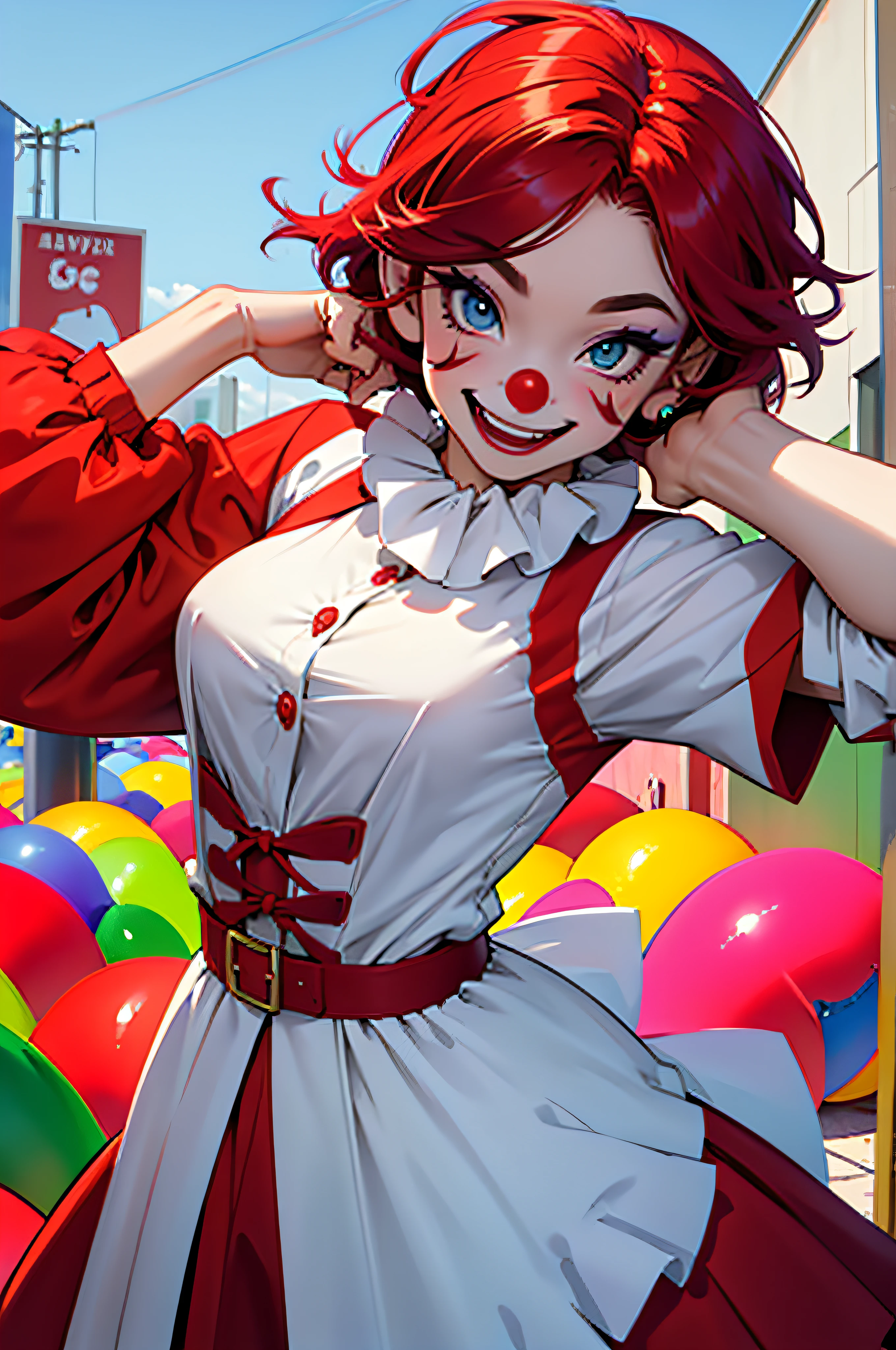 1 girl, (clown makeup), ((big red nose)), colorful dress, colorful hair, heterocromia, small breasts, fully clothed, smiling, happy, joyful