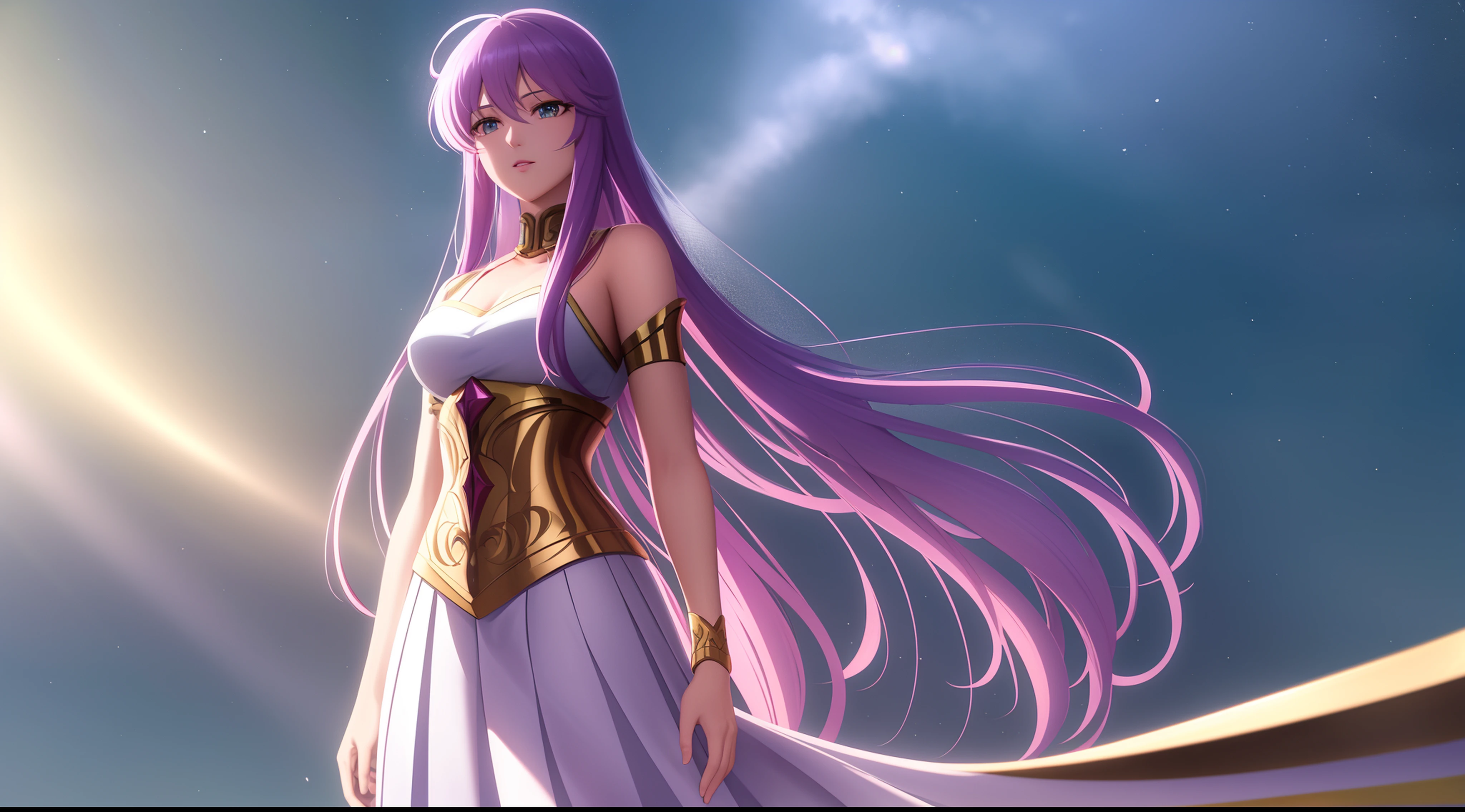 Kido_saori, Saint seiya athena with plain long light purple hair,green eyes,rosy cheeks,full lips,thin eyebrows,slender body,greek cloth and very long skirt,cute anime girl,full body,red roses field,anime style,Lumen Reflections,Screen Space Reflections,Diffraction Grading,Chromatic Aberration,GB Displacement,Scan Lines,Ray Traced,Anti-Aliasing,FXAA,TXAA,RTX,SSAO,Shaders,OpenGL-Shaders, GLSL-Shaders,Post Processing,Post-Production,cell Shading,Tone Mapping,CGI,VFX,SFX,insanely detailed and intricate, 4K,Kido_Saori, standing, solo, masterpiece, best quality, detailed face, detailed eyes, highres