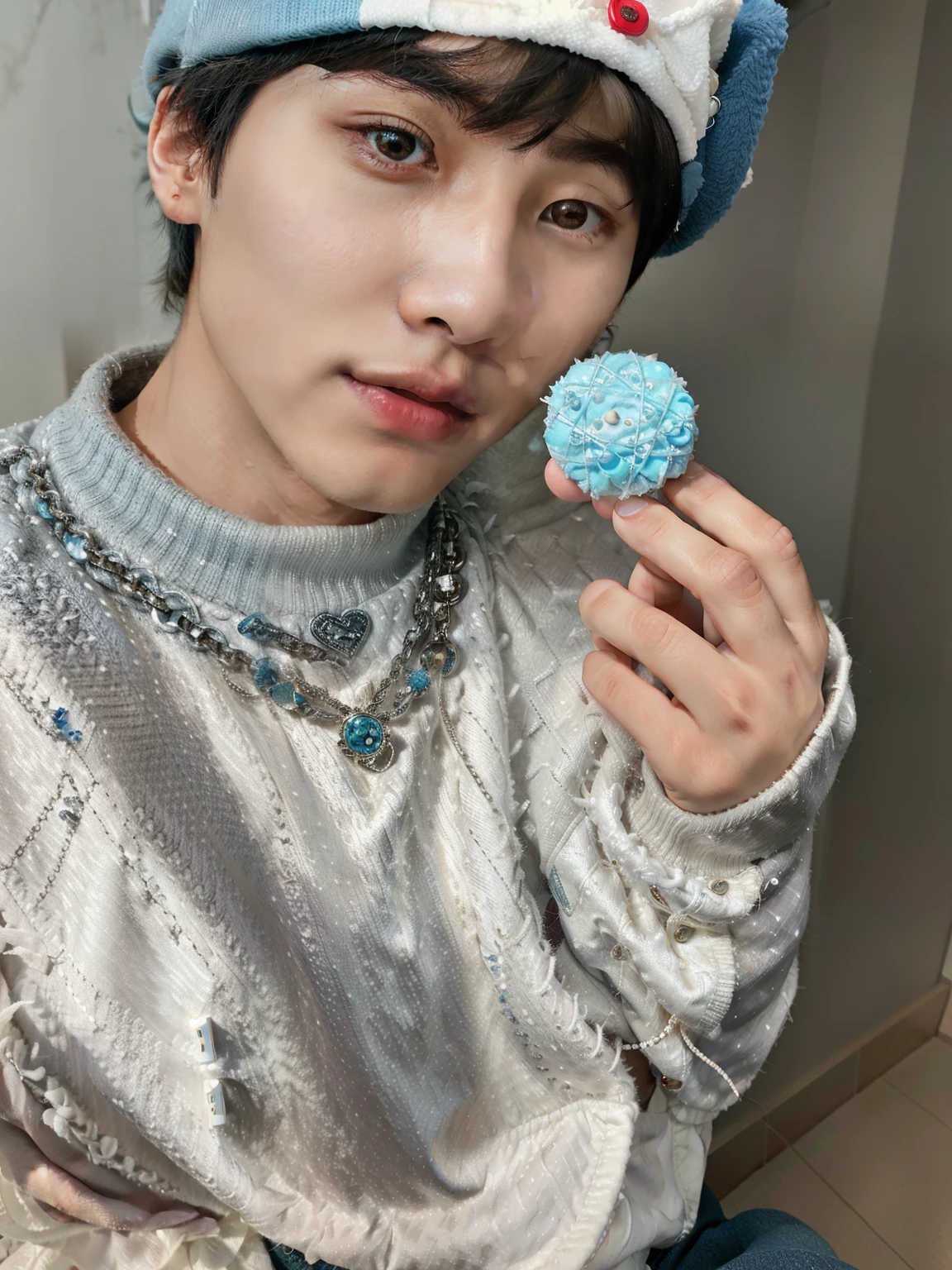Arafed image of a young man holding a button in his hand.., ZEROBASEONE Han Yujin Kim Doyoung, Cai Xukun, Ulzzang masculino, Jinyoung Shin, Hyung Tae, Yanjun Chengt, cold as ice! 🧊, inspirado por Bian Shoumin, con piel azul, inspirado en Han Yujin, inspirado por Zhang Han, Brillante por la lluvia, Jung Jaehyun