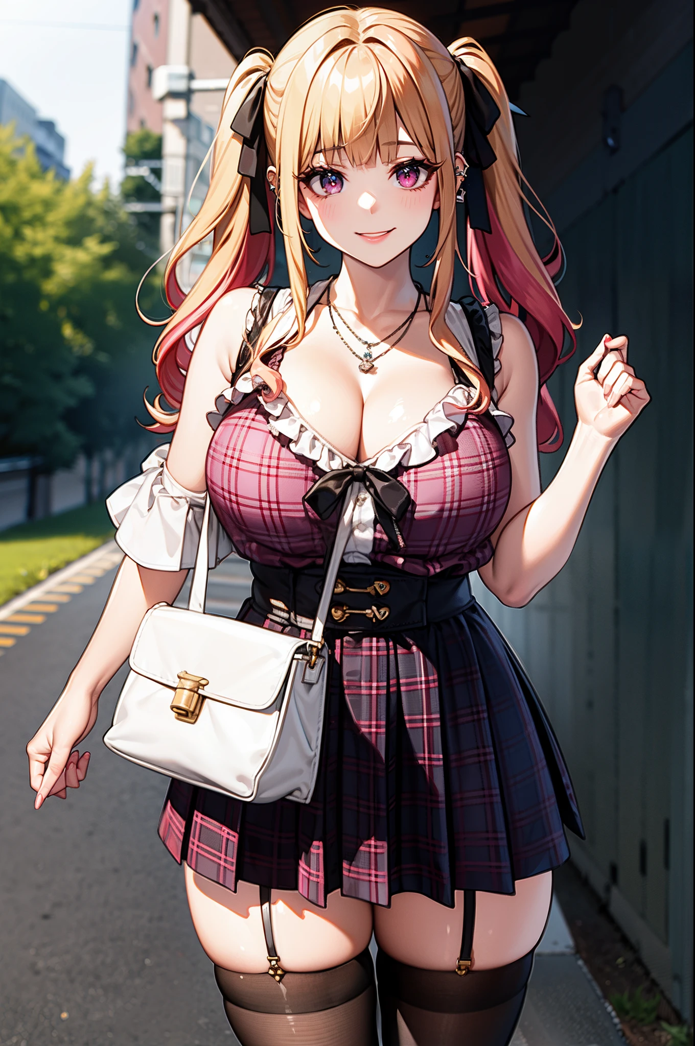 masterpiece, best quality, highres, hs1, light pink eyes, wide hips, thick thighs, upskirt, sleeveless, cleavage, (blonde hair), twin tails, blunt bangs, (streaky hair), pink shirt, black thighhighs, micro skirt, plaid skirt, red ribbon, garter straps, huge breasts, outdoors, cowboy shot, standing, handbag, holding money, panties, full smile, looking at viewer, thick thighs, jirai kei, street view, sakura, necklaces, ear piercings