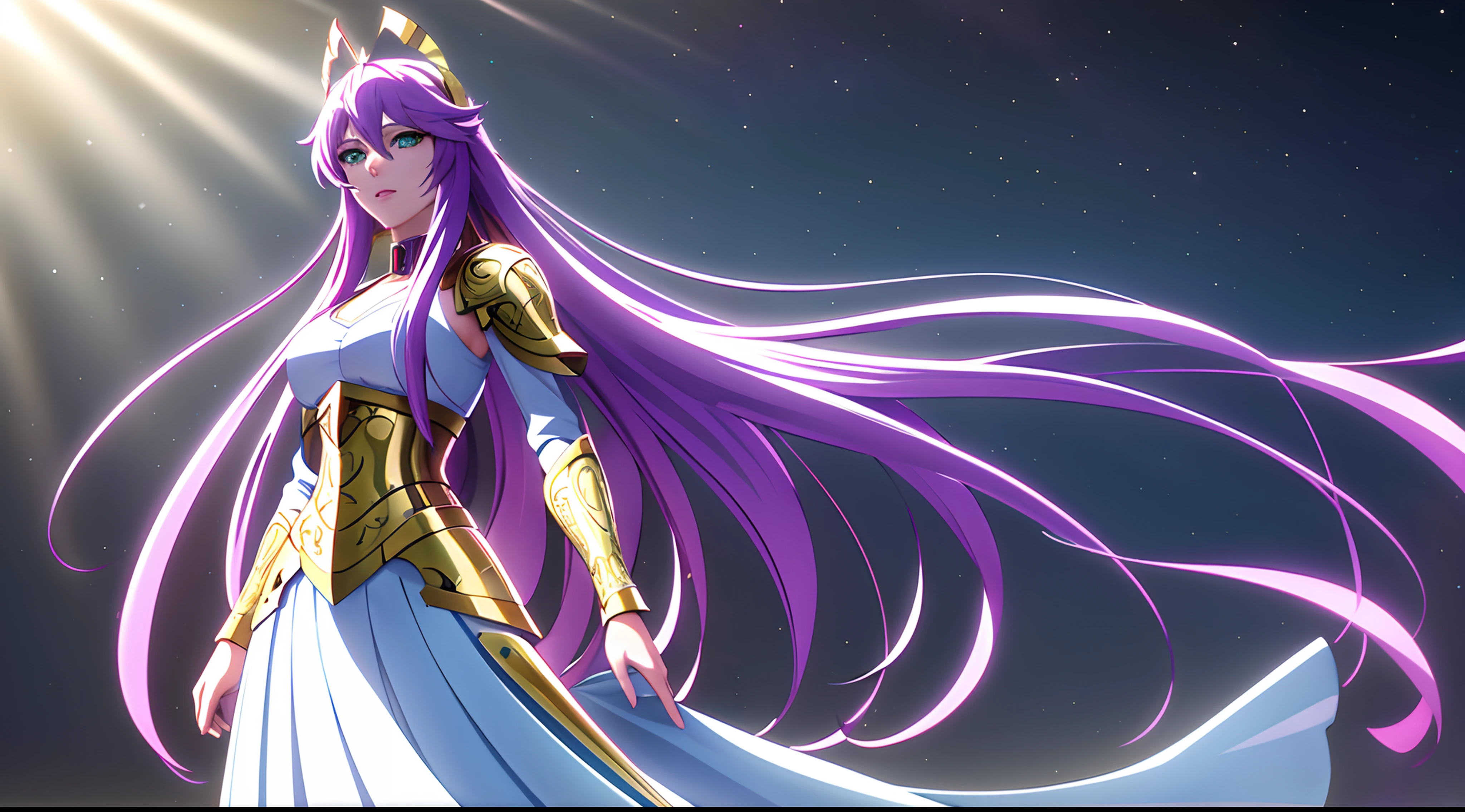 Athena with plain long light purple hair,hair between eyes,green eyes,rosy cheeks,full lips,thin eyebrows,slender body,wearing golden armor and full long skirt,cute anime girl,full body,vibrant flowers field in background,anime style,Lumen Reflections,Screen Space Reflections,Diffraction Grading,Chromatic Aberration,GB Displacement,Scan Lines,Ray Traced,Anti-Aliasing,FXAA,TXAA,RTX,SSAO,Shaders,OpenGL-Shaders, GLSL-Shaders,Post Processing,Post-Production,cell Shading,Tone Mapping,CGI,VFX,SFX,insanely detailed and intricate, 4K,standing, solo, masterpiece, best quality, detailed face, detailed eyes, highres, standing, solo,masterpiece, best quality