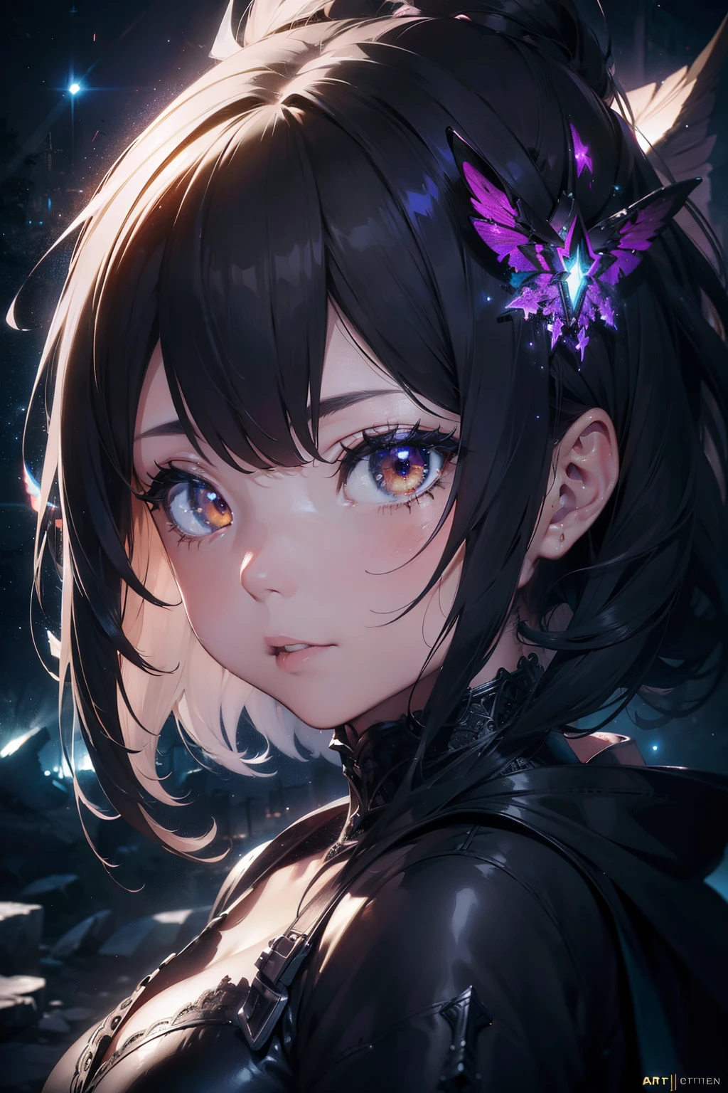 only face portrait, macro, a vampire girl next to a black bat portrait, jaw open roaring, red skin with light and glitter, short fire hair with red skulls on hair, snake lightening eyes with one eye closed, cosmos eyes, next to a black spider, highly detailed fur (vectorized) yellow lightening eyes, detailed skin, image is compelling with dynamic composition and dark posing. Include many fantasy details such as bumps, phantasmal iridescence, glitter, galaxy, cosmos, fire, ((dark celestial , void cosmic body)), (((dark background))), (((lights off))), (((hollywood dark))), horror, dramatic shadows, (in a dark fantasy space:1.3, glitter, sparkle, gleam) vector digital illustration, ()sharp