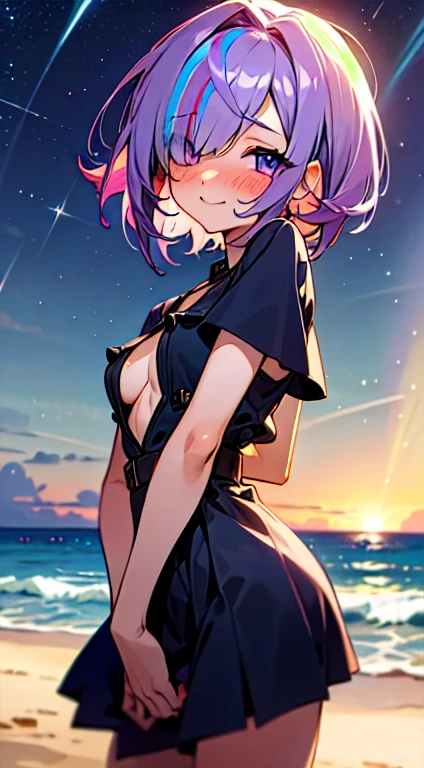 purple hair, short hair, super big boobs, blushing very hard, happy face, beach, night, detailed eyes, sexy, small height, hair over one eye, hair over one eye, streaked hair, anime,, looking at viewer, starry sky