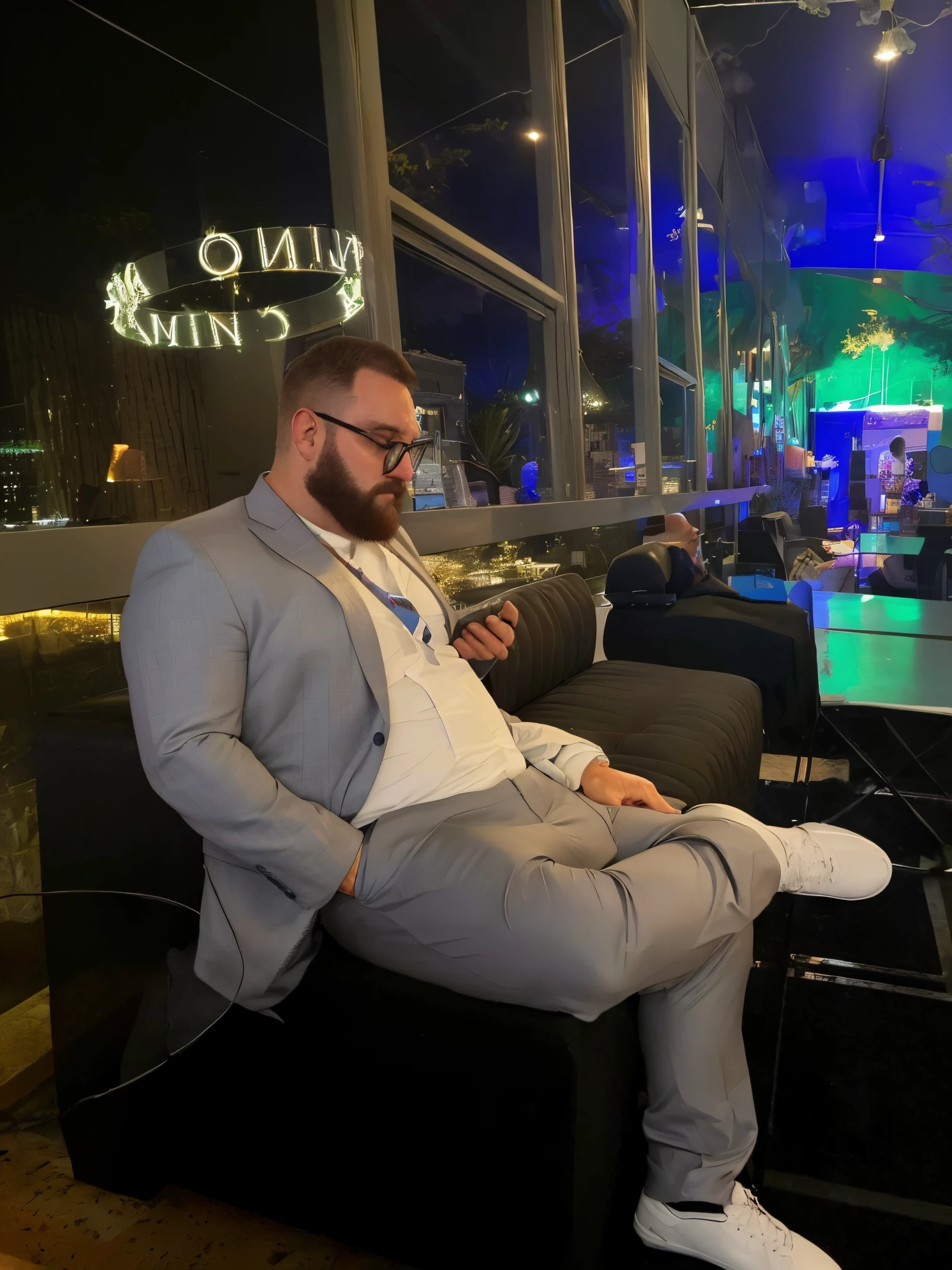 homem de terno azul, with arms crossed, With eye Glasses, light blue dress pants, and white sneakers. Por baixo do terno, uma camisa branca. On his face there is a lumberjack beard, bem feita. The man is bald and measures 1,70 altas, com 90 kg. derriere, a landscape as if it were an office, bem chique, e o logo escrito CuOffe!