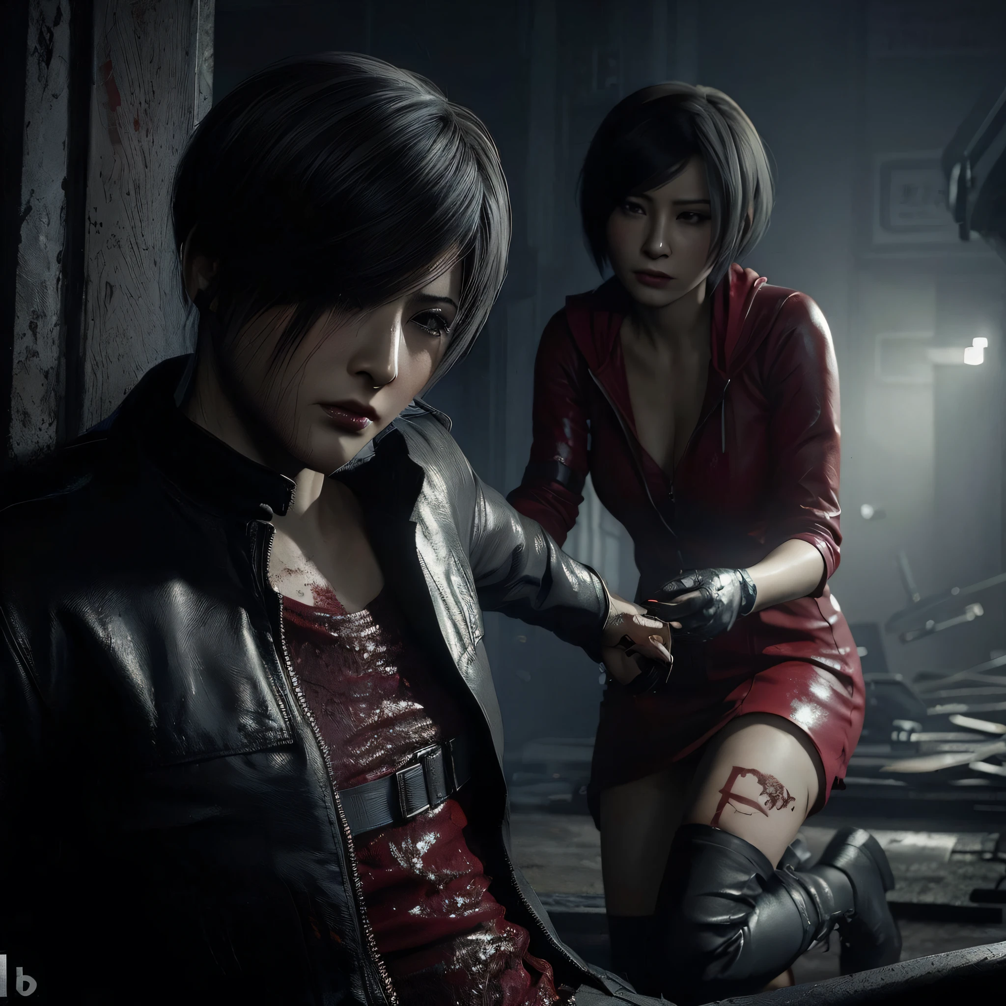 Woman, Ada wong, sad expression, cry over, wearing mini reddress with hoody, black nails polish