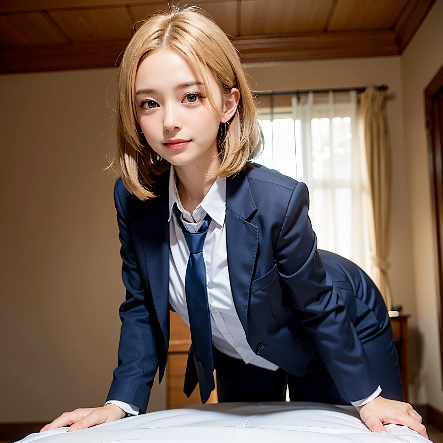 (masutepiece, Best Quality:1.2), 8K, Official art, Full body photo, full body Esbian、Fashionable background、luxurious backdrop、Emma fastening her tie.trouser、Cute smile、cute butt、Suits、A dark-haired、14years、small tits、A delightful、A smile、unbelievable Ridiculous, (Upper body, Dark blue suit:Cute Tie 1.4), Beautiful Girl, Pretty Face, arching back down, cute butt、Gold hair ornament on hair、Wearing a cute suit、close up, Wearing a suit, Short sleeve, gardenia, violaceaess, Teen,, Looking at Viewer, Film grain, chromatic abberation, Sharp Focus, face lights, Dynamic lighting, Cinematic lighting, Eyes and faces with detailed, Bokeh background, (Tie with Emma written on it、1 copy:1.2)