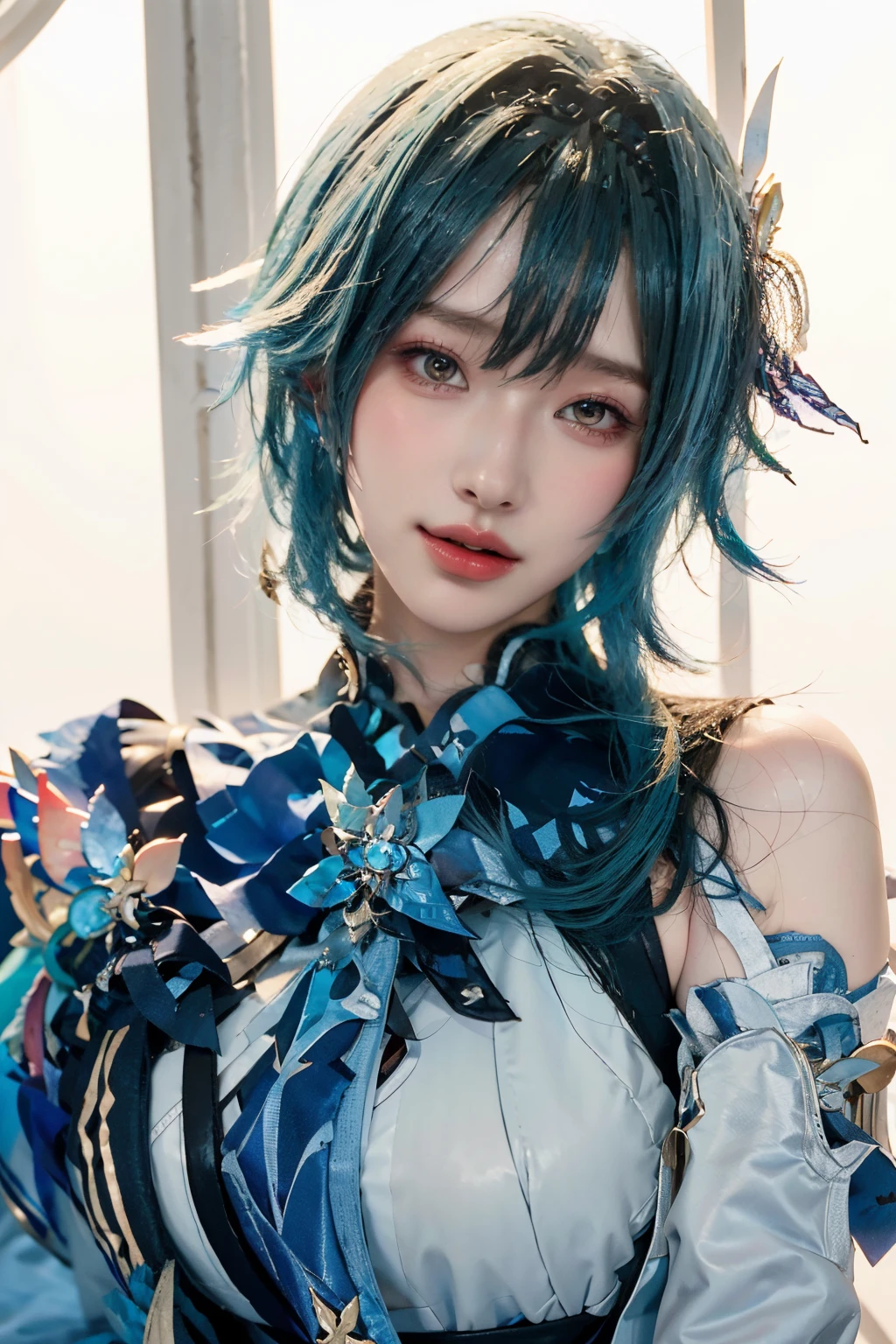 Beauty of a goddess, slim face, beautiful woman, 1girl, solo, (masterpiece:1.2), best quality, eula, genshin, high detailed, 8K resolution, looking at viewers, eula from genshin impact, indoor, hairband, blue hair, necktie, cape, ((( vision \(genshin impact\) ))), long sleeves, gloves, sidelocks, (smiling), slender figure, ((wide beautiful eyes)), (((a close up portrait, head to bust))), dynamic angle