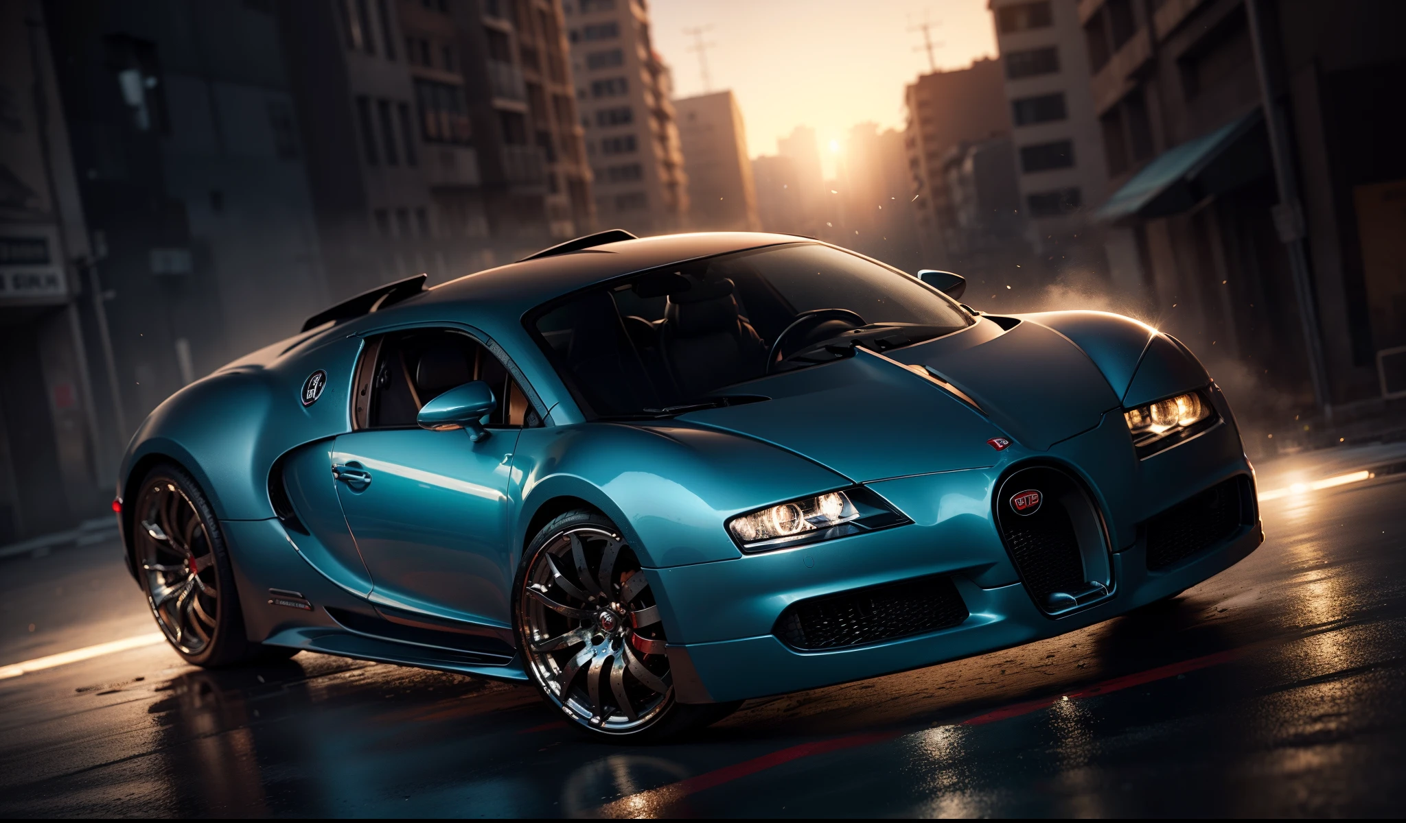 um imponente, Classic red sports Bugatti in the foreground, behind a close-up of a gangster Mel Gibson propped up on a motorbike and armed with a pistol and a beautiful gangster Angelina Jollie holding a pistol and the sun and several buildings on a street in the US, A dystopian futuristic Dieselpunk metropolis with lots of Art Deco architecture, atmosfera sombria, lighting dramatic, foco nítido, qualidade 8k, Foto RAW