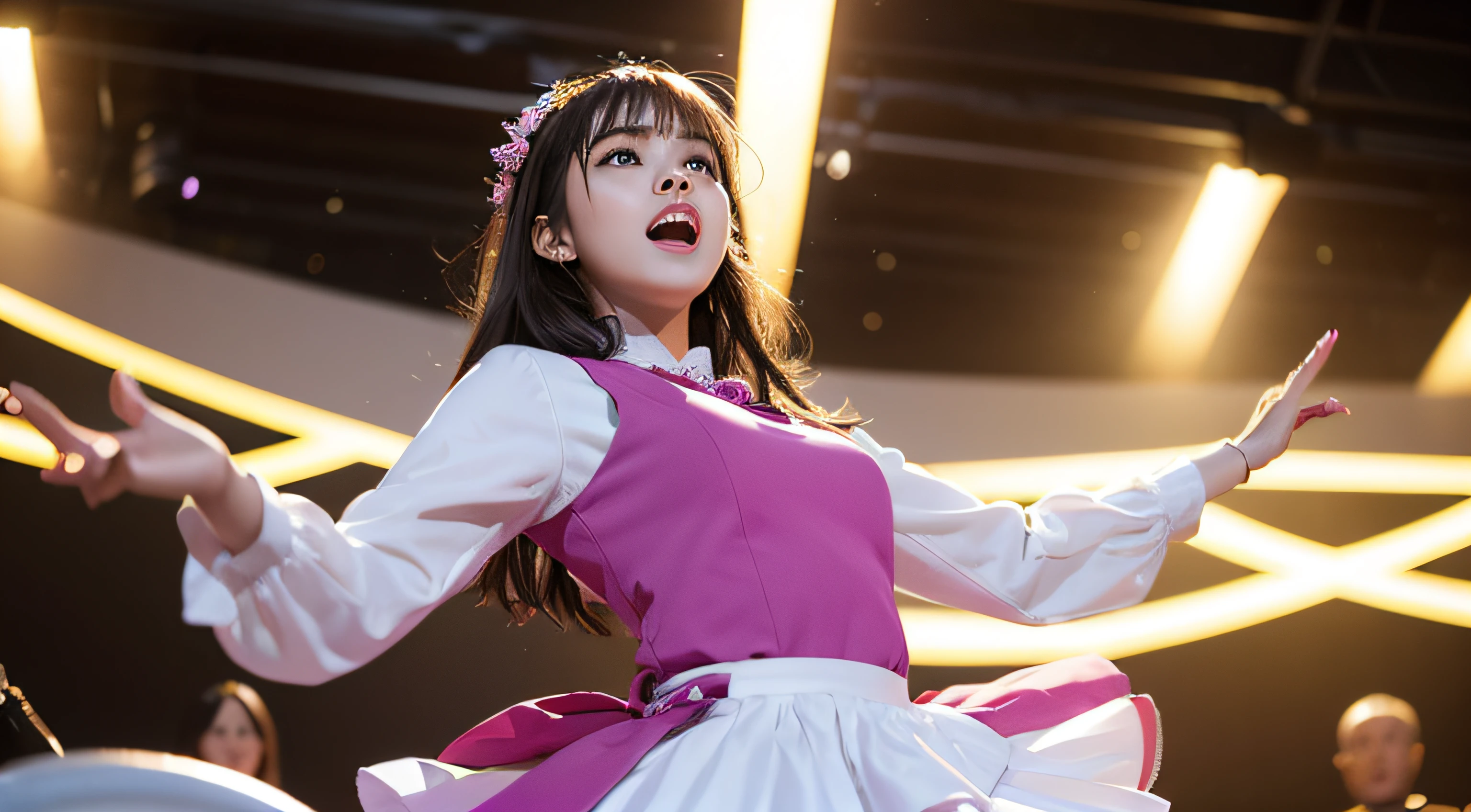 one-girl,While singing, while dancing,Notes float out of your mouth, hyperrealistic photo