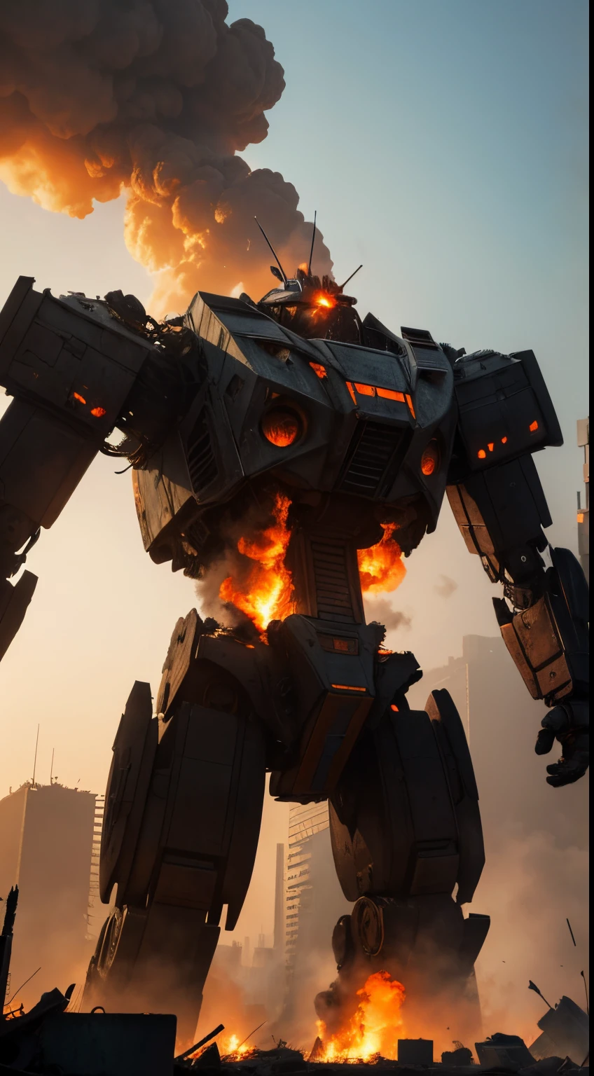(masterpiece), a giant robot walking on a destroyed city, a epic scene about war, the robot is firing attacks, is on fire, the root body shows his power and bruttality, the uglyness of the war contrast with the beauty of the colros, particles gorgeous, orange and blue color plalete, intricate, ultrarealistic, dynamic angle, destroyeds tall buildinds , ruins of a city, dust, fog, orange clouds,