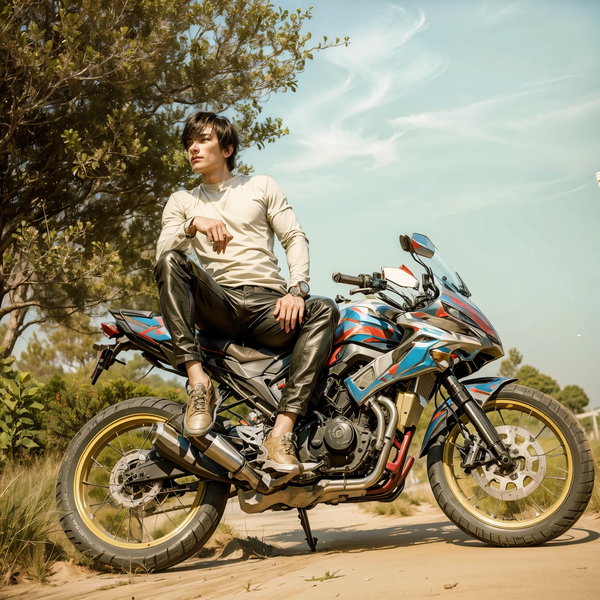 Man sitting on bike on road futuristic cyberpunk realisticface 4k high-definition