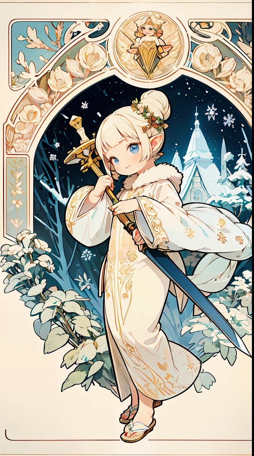 1elf girl, solo, (white blonde hair, Deep Blue Eyes:1.2), Perfect lips, Birdcage Bun, asymmetrical bangs:1.3, light smile, fur trim, fur-trimmed sleeves, long sleeves, holding weapon, sword, chibi. A illustration of a lady with white hair and a sword is in the snow, snowflakes. by Alphonse mucha