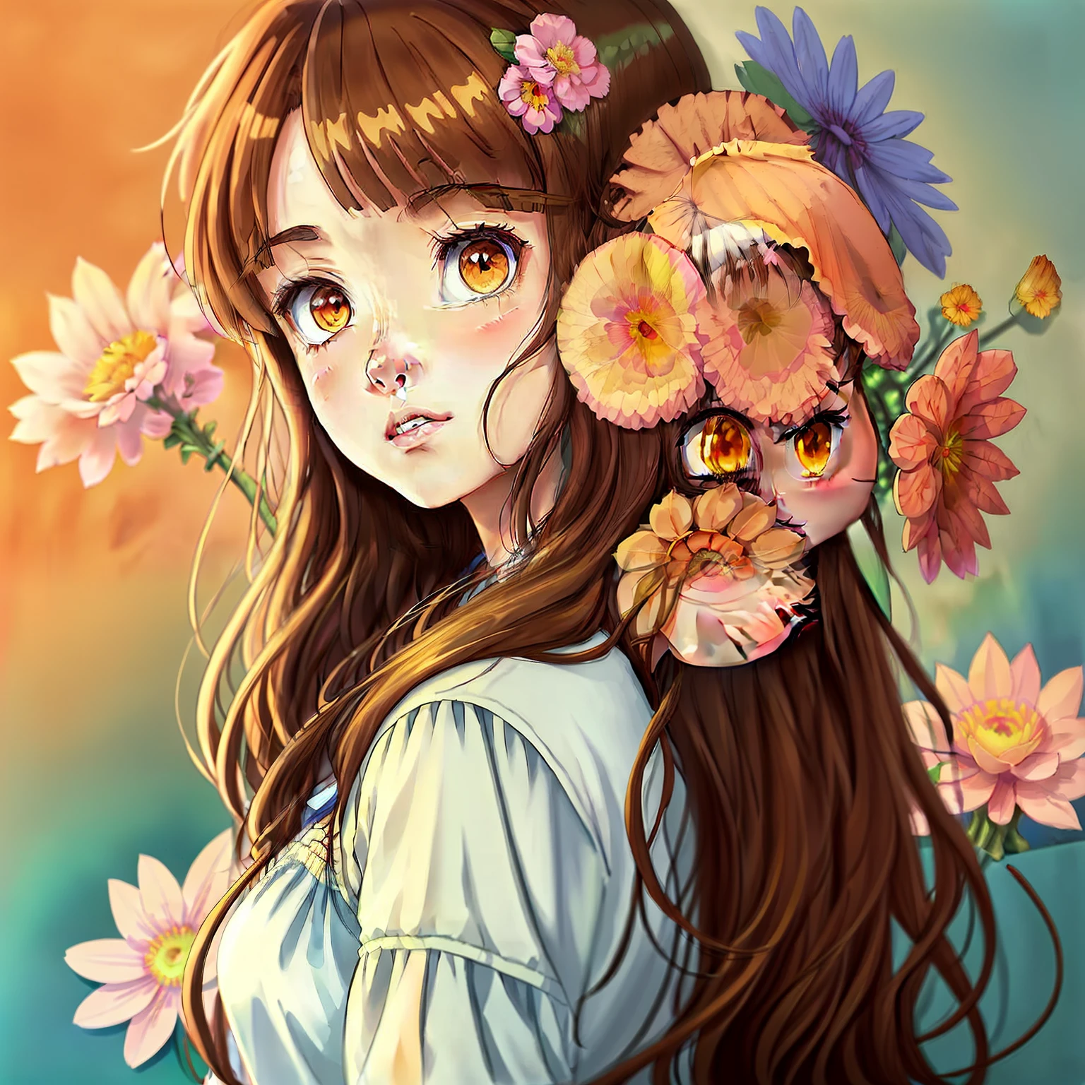 golden brown eyed anime girl with brown hair and flowers、retro anime girl、anime style portrait、Lori、Anime Art Style、kawaii realistic portrait、pretty anime girl、classic girl、pretty anime girl、Anime-style illustrations、beautiful anime art style、Realistic anime art style、High quality anime art style、digital anime art!!,Anime Art Style、Anime Realism Style