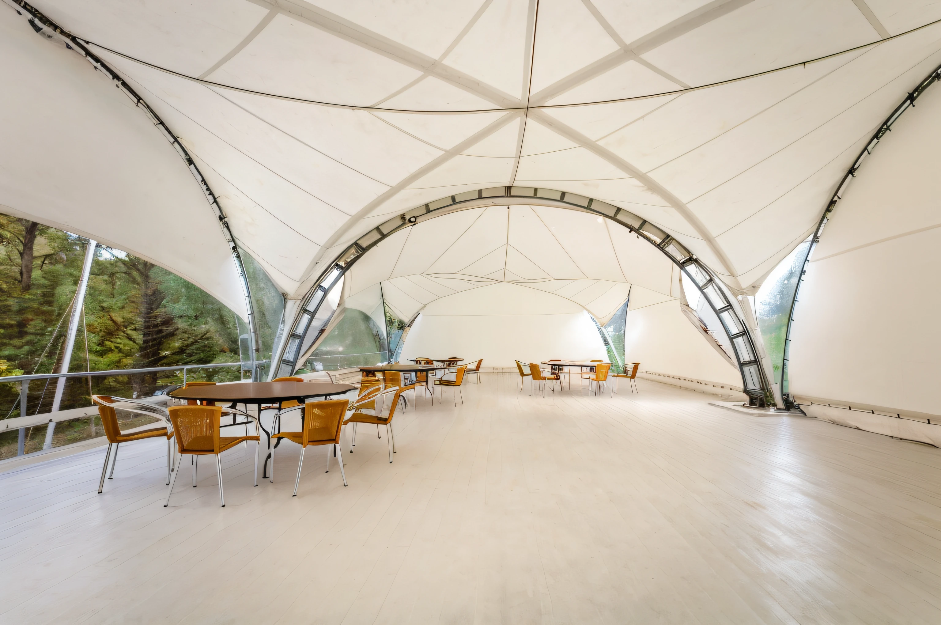 Inside there is a large white tent with tables and chairs, Tent architecture, Indoor outdoor stage, The interior of the tent, hexahedron, pavilion, Barns, Interior view, Dome, Inside the dome, Ceiling canopy, Biodome, In the style of Norman Foster, In the style of architect Zaha Hadid, Geodetic Architecture, geodesic dome, detailed wide shot