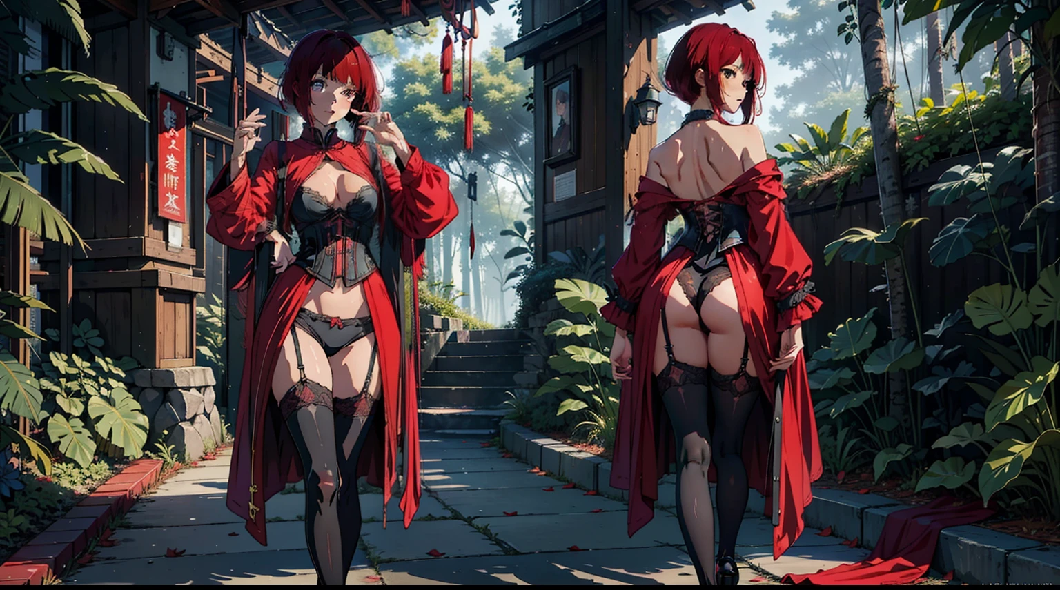 1female,,Slim,熟妇,medium cleavage breasts Thin waist,slenderlegs,Pornographic exposure, 独奏,Arima Kana, star pupils, (black corset, robe, stocking, red high heels), looking at viewer,(Background with:ln the forest,the rainforest,in summer,sexy pose,Sweat profusely,drenched all over the body,seen from the front, hair straight, mostly cloudy sky,(((tmasterpiece),(Very detailed CG unity 8K wallpaper),best qualtiy,cinmatic lighting,detailed back ground,beatiful detailed eyes,Bright pupils,(Very fine and beautiful),(Beautiful and detailed eye description),ultra - detailed,tmasterpiece,)),facing at camera,(Full body photo),Show shoes,A high resolution,ultra - detailed),revealing breasts, Bulge,legs are open,Raised sexy,Flushed complexion,Open-mouthed,frontage,full body,