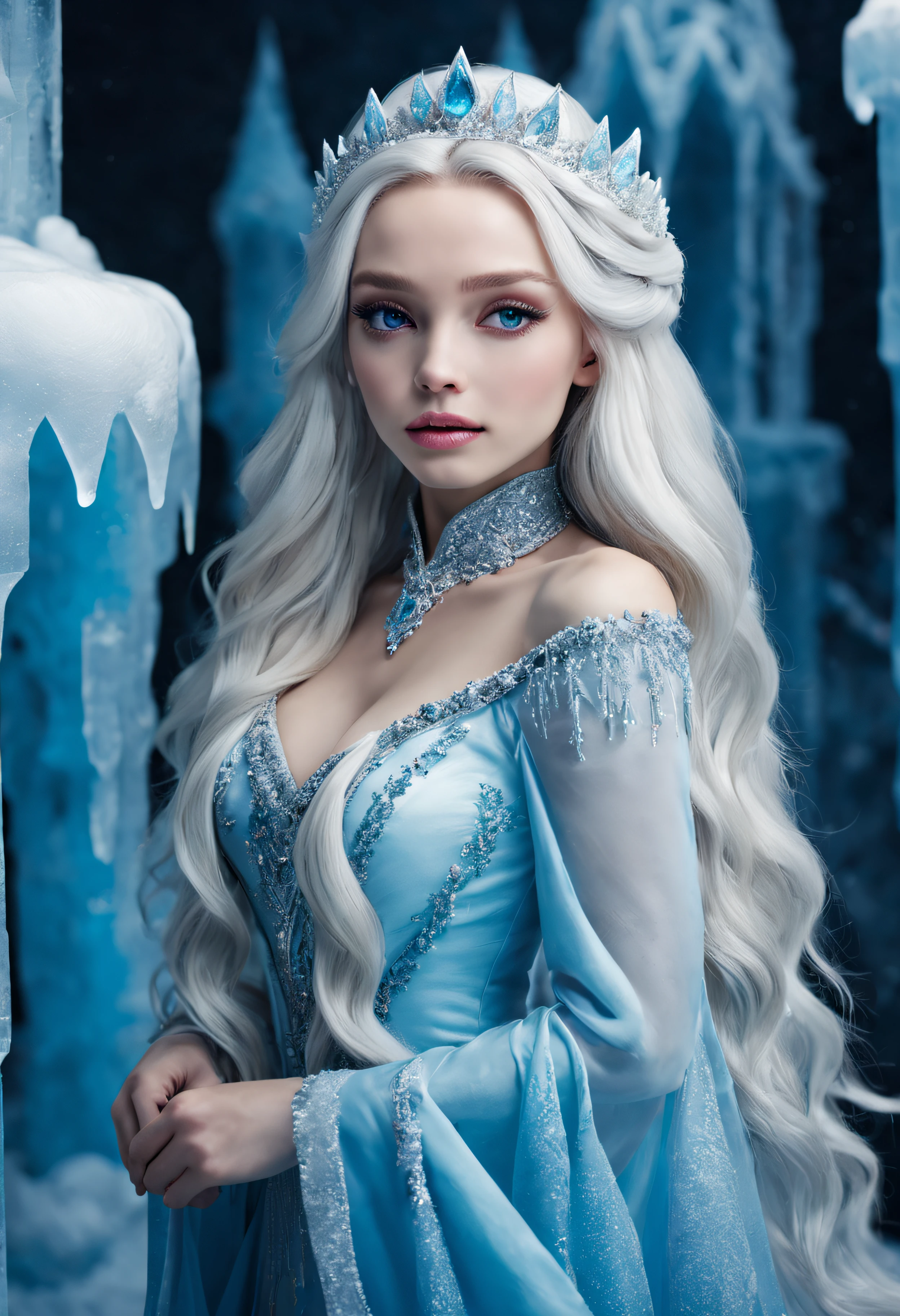 Ice princess living in ice castle. She is beautiful with white long hair