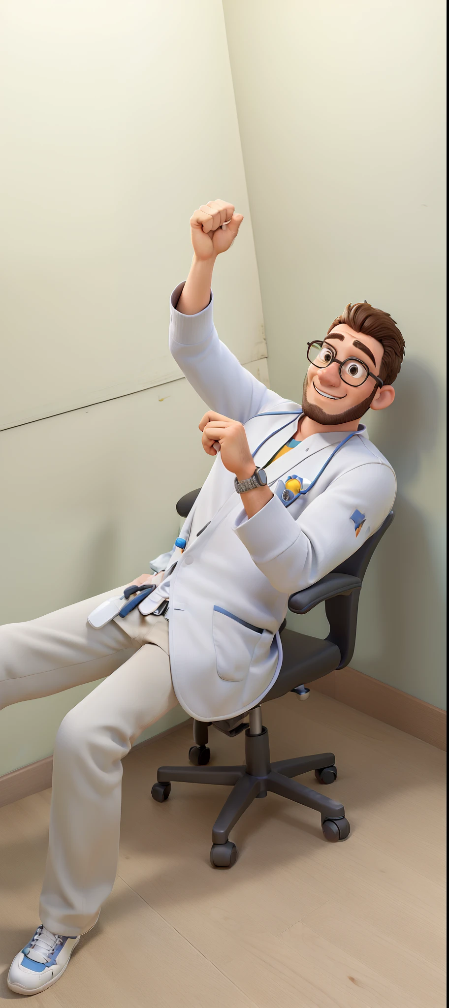 Obra-prima, man sitting on a chair with his foot raised in the corner of the room, wearing lab coat and glasses, medical photography, medic, vestindo jaleco, usando jaleco, foxish guy in a lab coat, last photo, sitting on a lab table, usando jaleco, icaro carvalho, photo shoot, com jaleco, vestindo um jaleco branco estilo Disney pixar