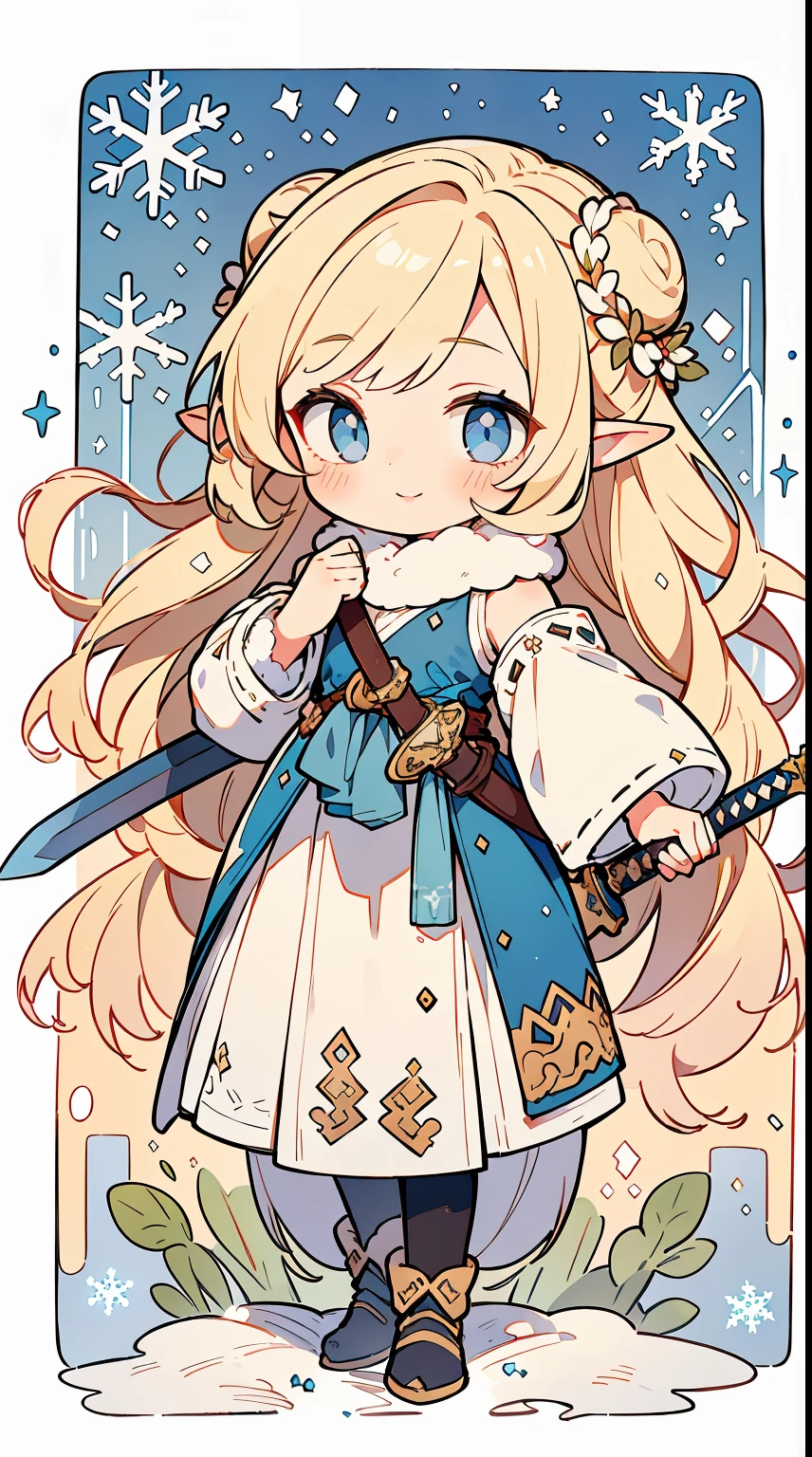 1elf girl, solo, (white blonde hair, Deep Blue Eyes:1.2), Perfect lips, Birdcage Bun, asymmetrical bangs:1.3, light smile, fur trim, fur-trimmed sleeves, long sleeves, holding weapon, sword, chibi. A illustration of a lady with white hair and a sword is in the snow, snowflakes. by Alphonse mucha