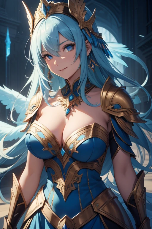 a close up of a woman in a blue dress with a feathered headpiece, detailed fantasy art, epic exquisite character art, 2. 5 d cgi anime fantasy artwork, stunning character art, 4k fantasy art, pale blue armor, highly detailed fantasy art, detailed fantasy digital art, clothed in ethereal armor, fantasy art style, beautiful armor, beautiful fantasy art, large breasts, muscular athletic body, large smile