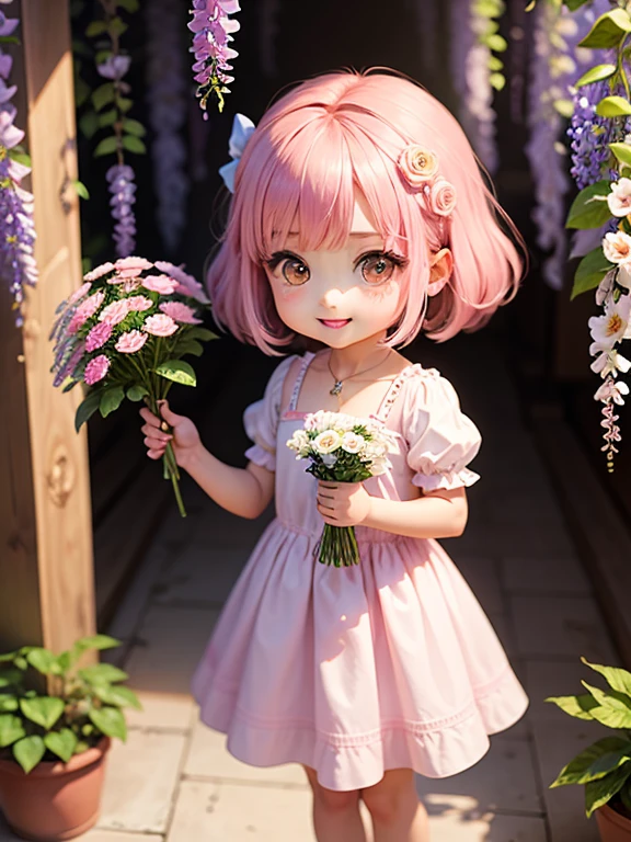 obra prima、qualidade superior、ultra-detalhada、(Chibi Chara:1.2)、Lazuli Color Bob Pencil、Abra a boca e sorria、Standing、Art with multiple flowers,rosas cor-de-rosa、Pink wisteria、Pink gerbera