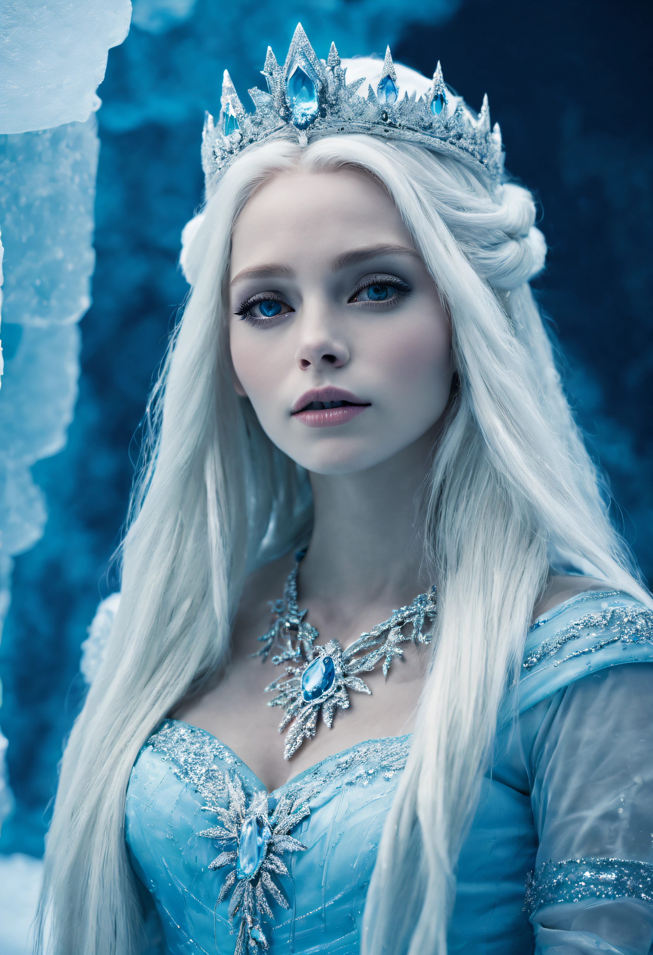 Ice princess living in ice castle. She is beautiful with white long hair