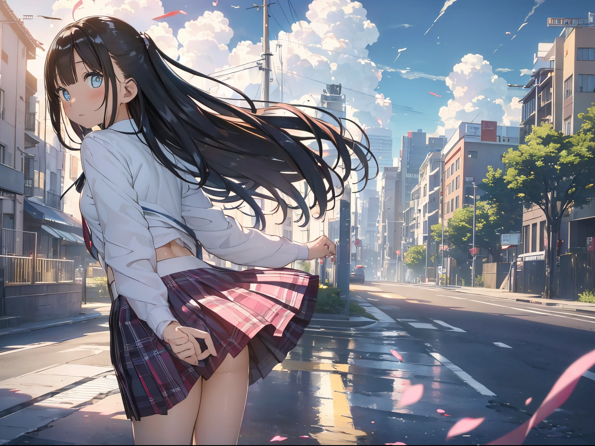 (8K、Raw photography、top-quality、masterpiece:1.2)、Illustration Touch、ultra-detailliert、super A high resolution、high girl,pink long hair、azure eyes、In the street、High school students、school uniform、plaid skirts、((Skirts that turn over in strong winds))、(white underwear)